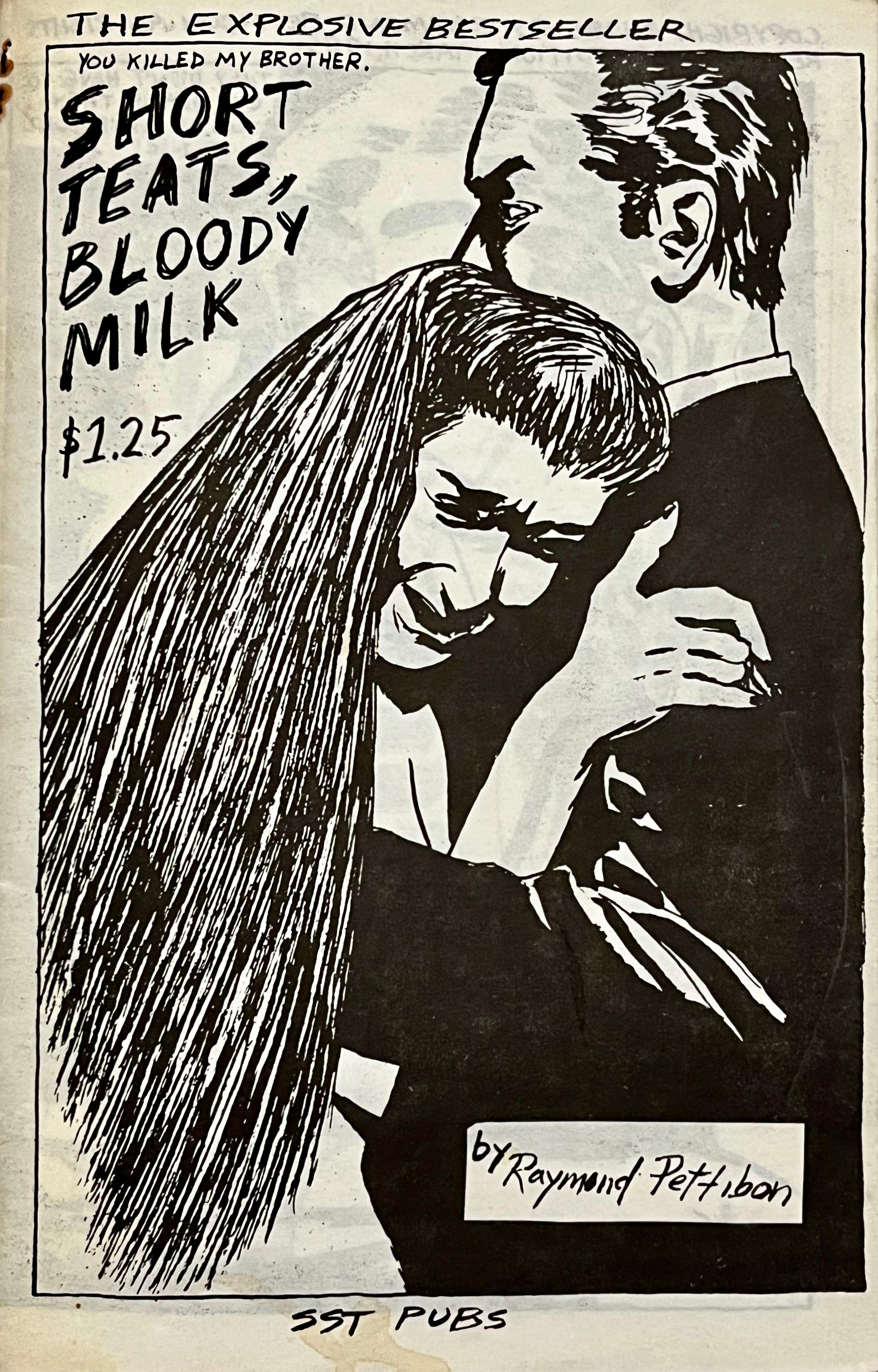 Raymond Pettibon Short Teats Bloody Milk 1985 (zine de Raymond Pettibon) :
Ce livre d'artiste/zine de Raymond Pettibon datant de 1985 et intitulé Short Teats, Bloody Milk comprend plus de vingt dessins évocateurs de femmes fatales, de détectives, de