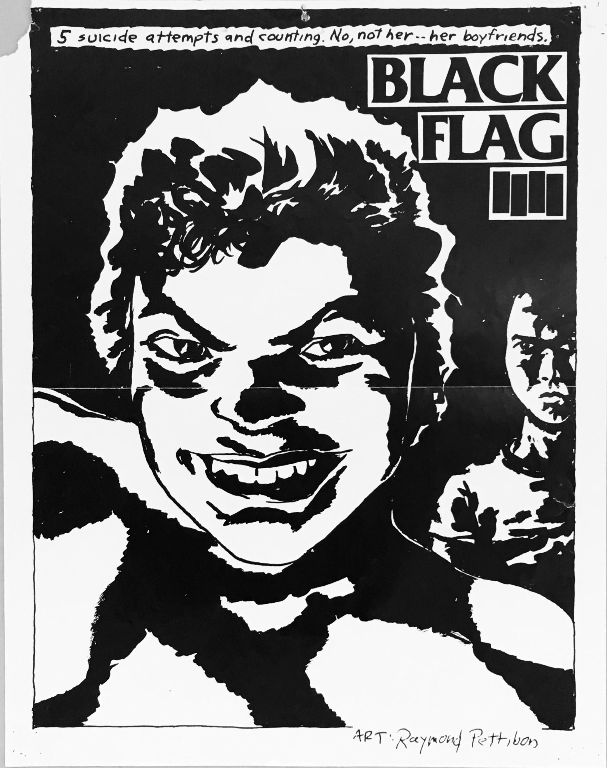 Raymond Pettibon Black Flag Plakat ca. 1983:

Flea, der Bassist der Red Hot Chili Peppers, sagte einmal über Pettibons Black-Flag-Illustrationen und sein ikonisches Logo: "Bevor ich wusste, was Black Flag war, bin ich durch Hollywood gelaufen und