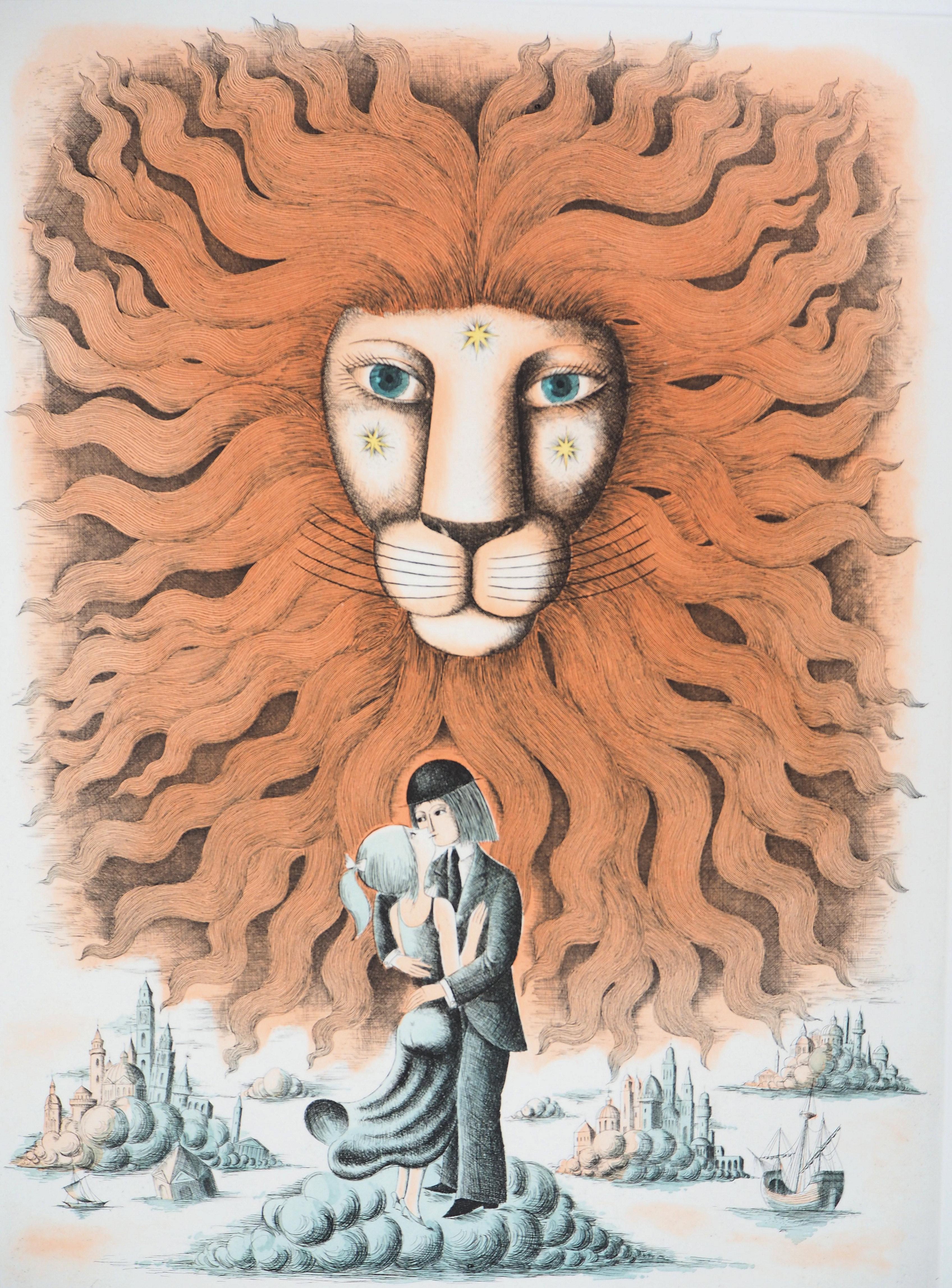 Astrology and Zodiac : Leo (Lion) - Original Etching Handisigned, 1979 - White Animal Print by Raymond Peynet