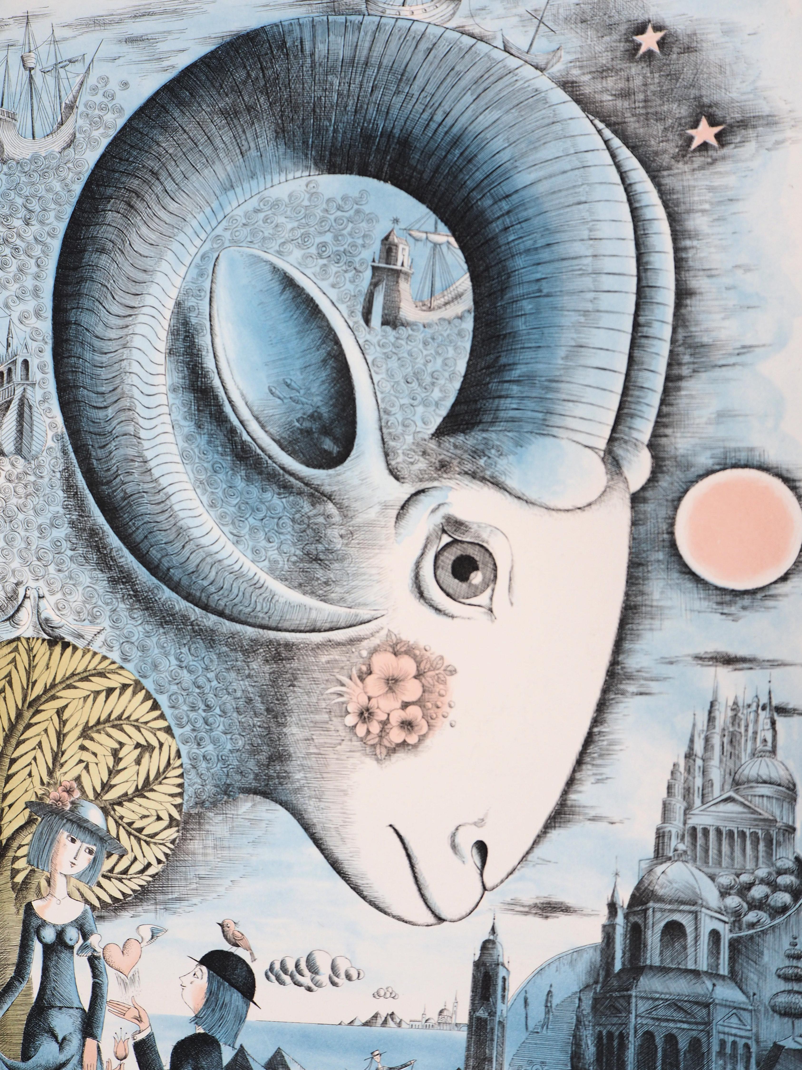Raymond PEYNET
Astrology - Zodiac : Aries, 1979

Original etching and watercolor
Handsigned in pencil
Numbered /220
On Arches vellum 76x56 cm (c. 30 x 22 inches)
This etching is authentified by the stamp of M. Salord usher, justification on the back