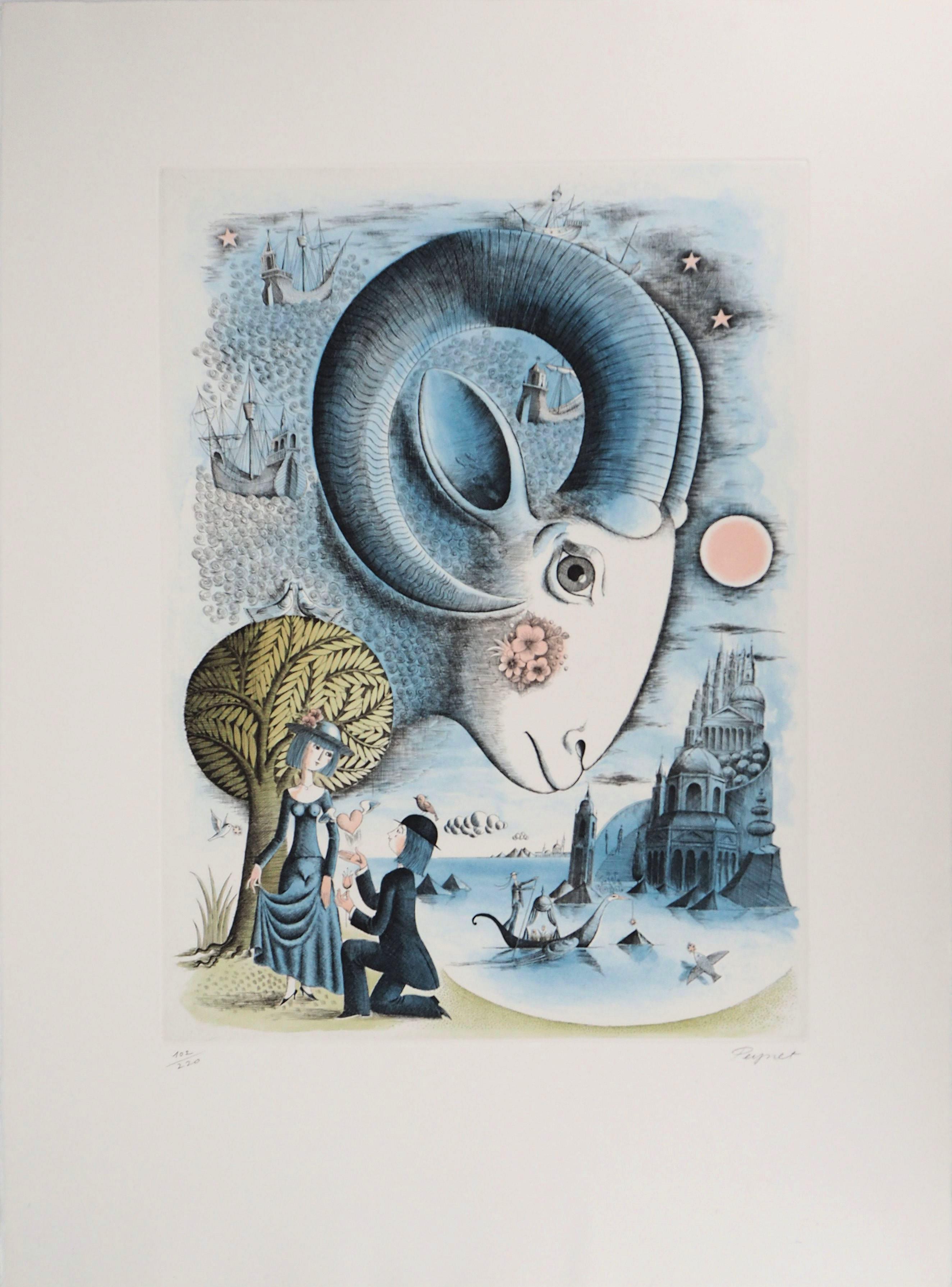 Raymond Peynet Figurative Print - Astrology, the Zodiac : Aries - Original Etching Handsigned, 1979