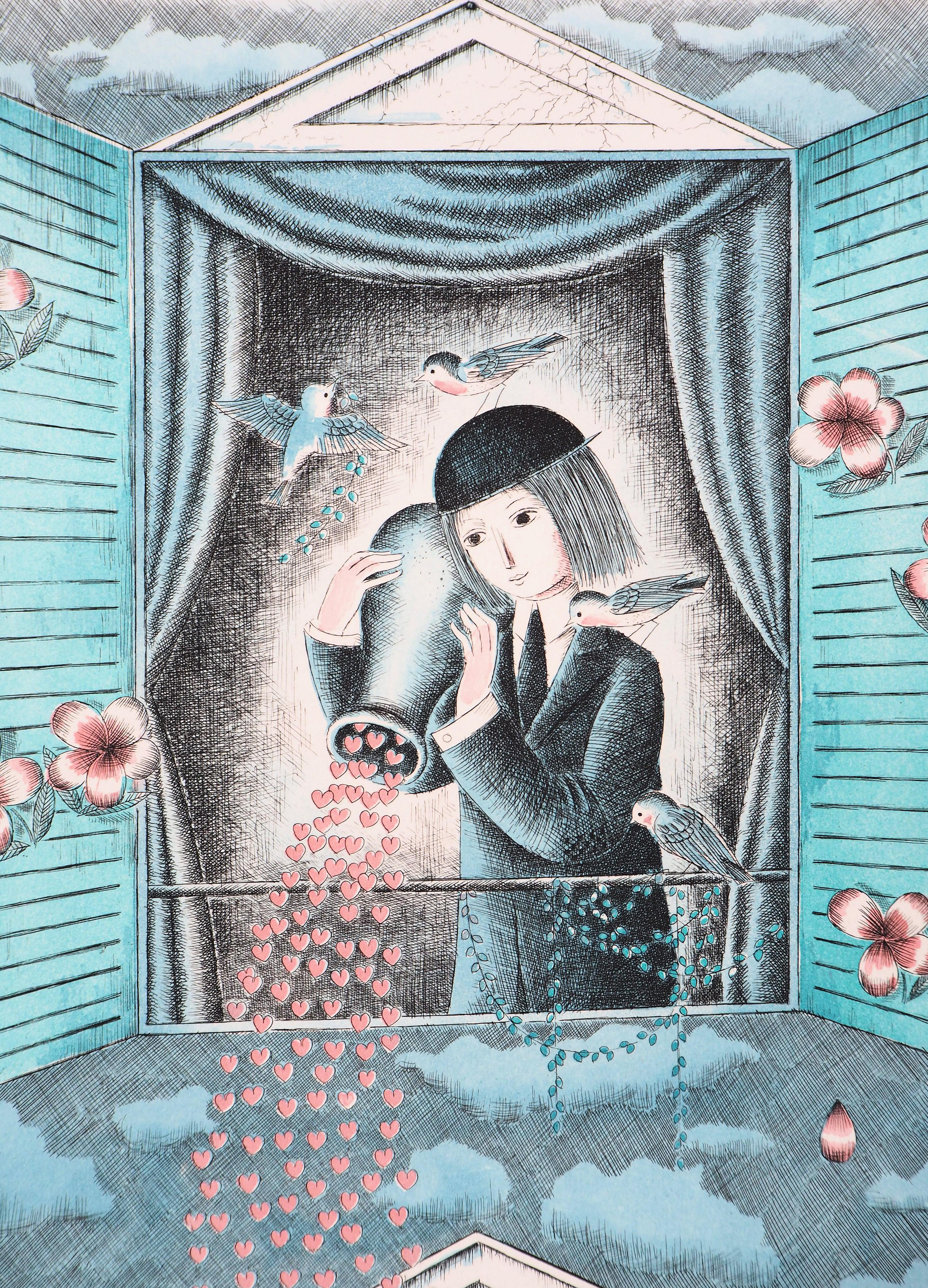 Astrología - Zodíaco : Acuario - Grabado original firmado a mano, 1979 - Figurative Print Gris de Raymond Peynet