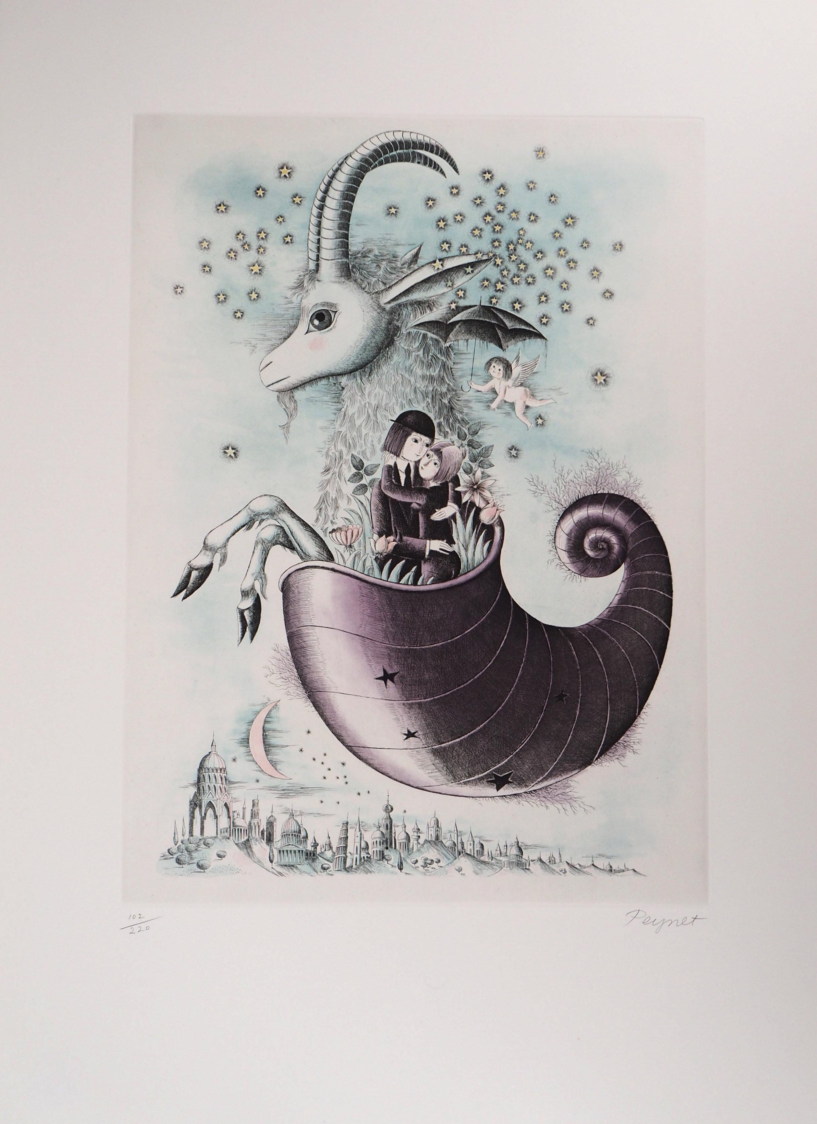 Raymond Peynet Figurative Print - Astrology - Zodiac : Capricorn - Original Etching, 1979 