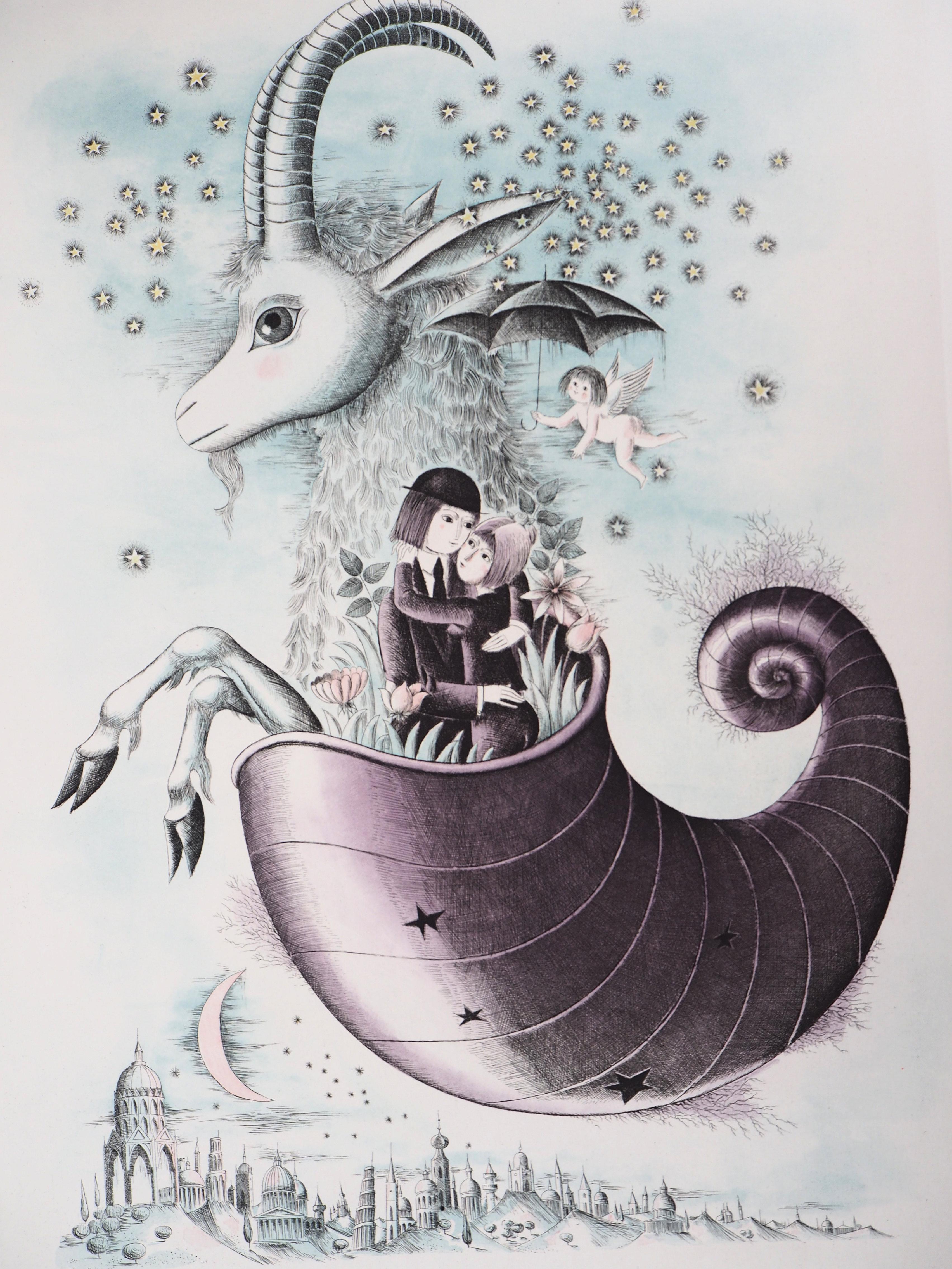 Astrología - Zodíaco : Capricornio - Grabado original firmado a mano, 1979 - Print Moderno de Raymond Peynet