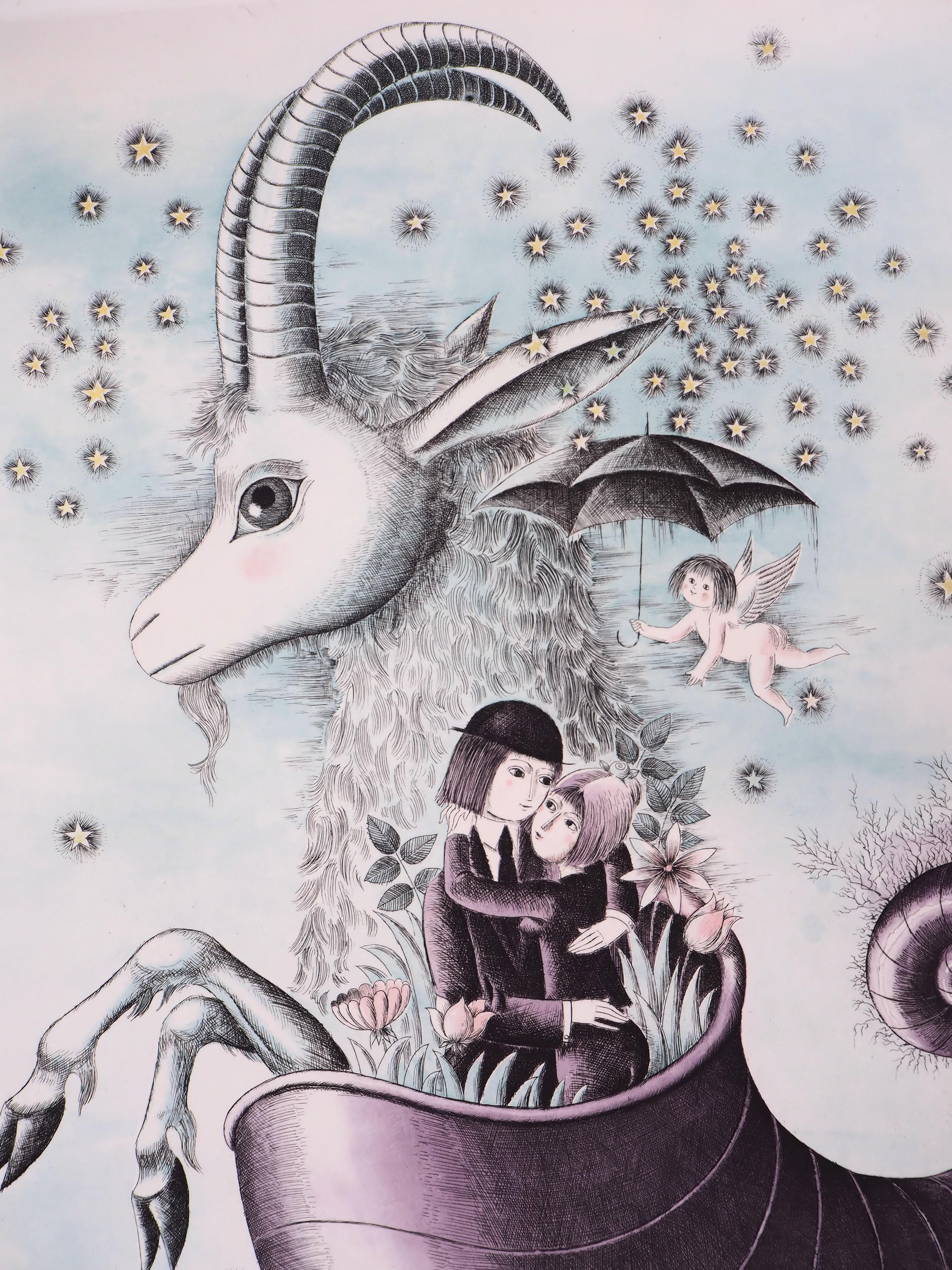 Astrología - Zodíaco : Capricornio - Grabado original firmado a mano, 1979 - Figurative Print Gris de Raymond Peynet