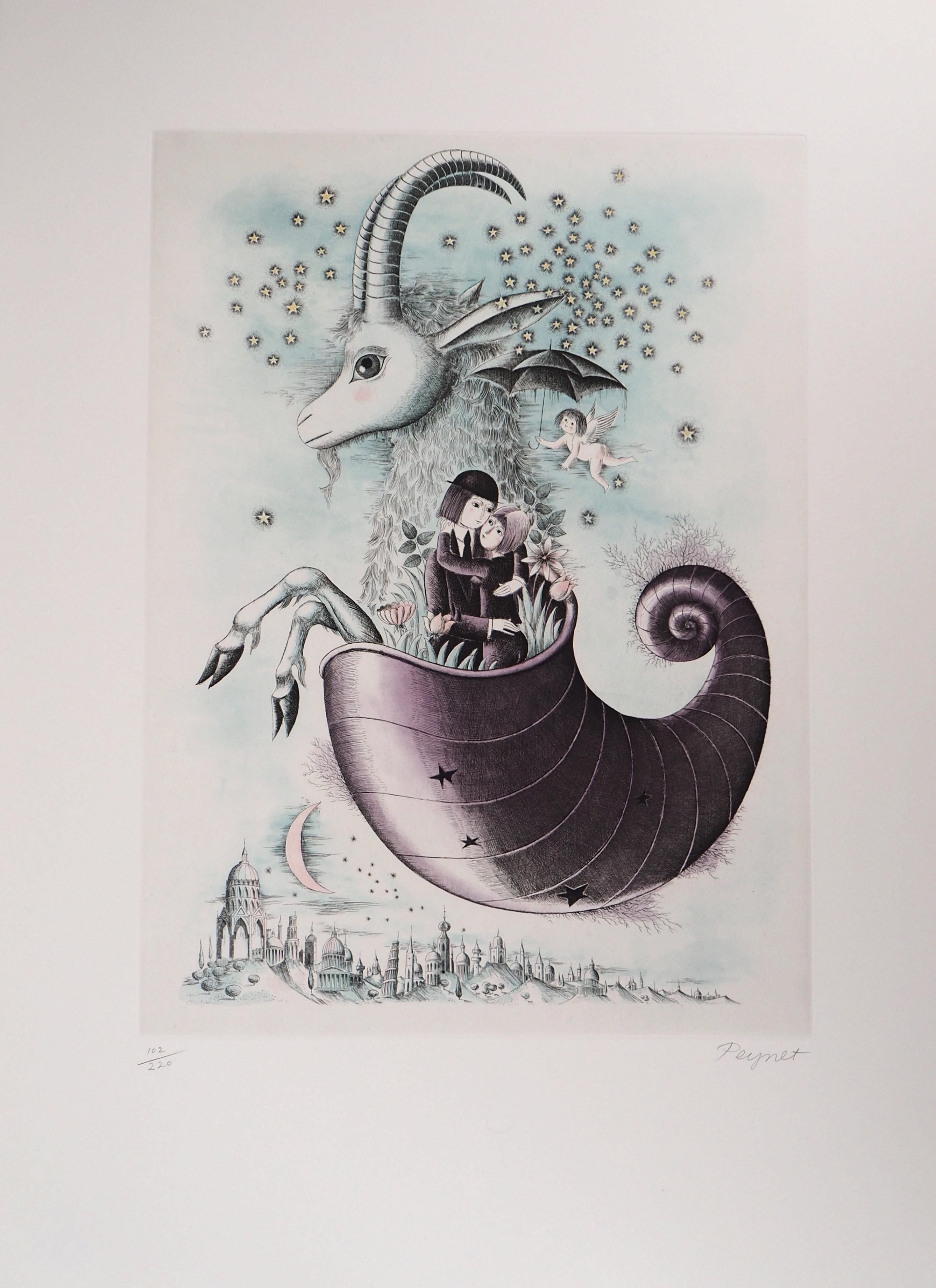 Figurative Print de Raymond Peynet - Astrología - Zodíaco : Capricornio - Grabado original firmado a mano, 1979
