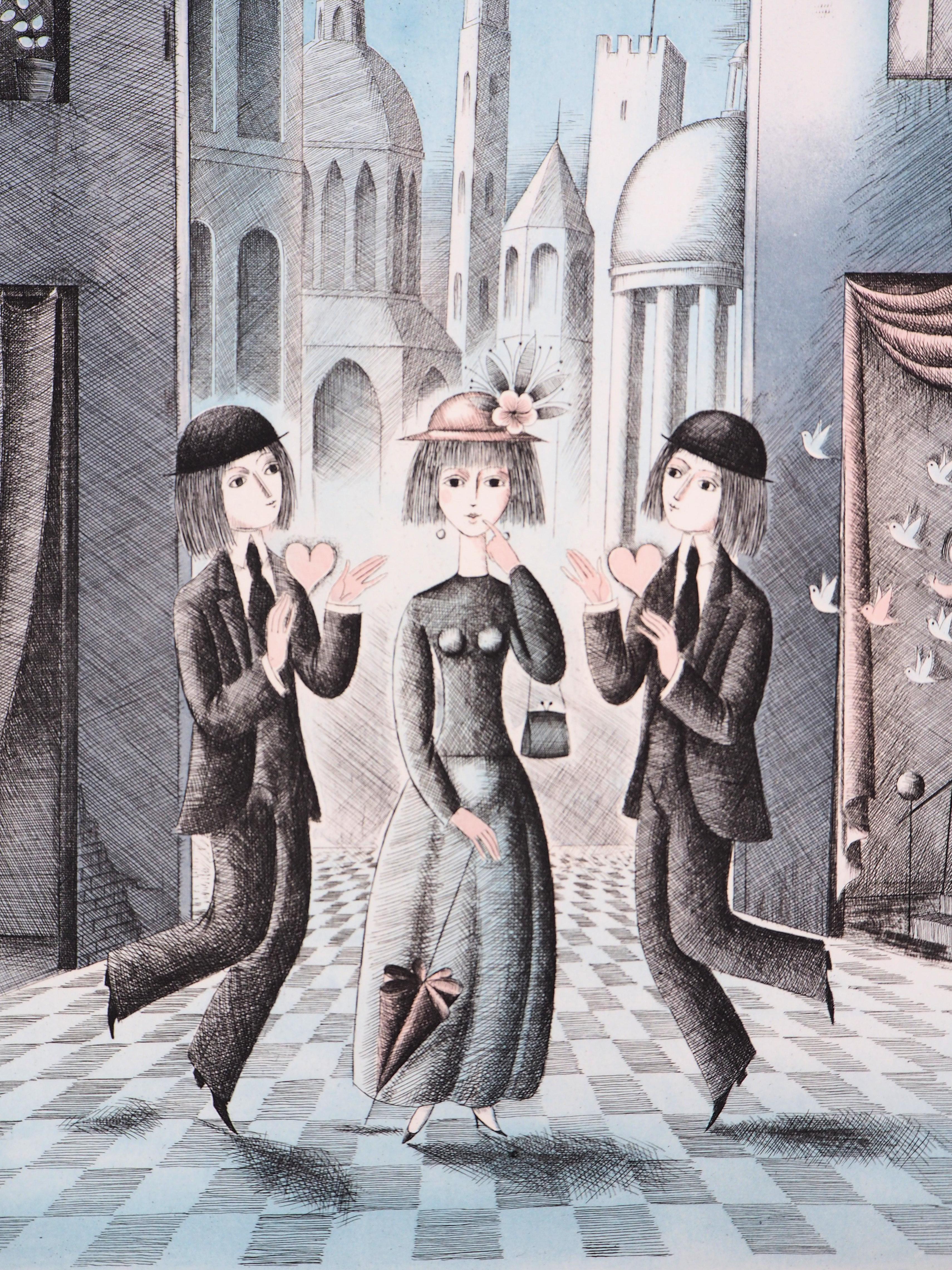 Astrology - Zodiac : Gemini (The Twins) - Original Etching Handsigned, 1979 - Gray Figurative Print by Raymond Peynet