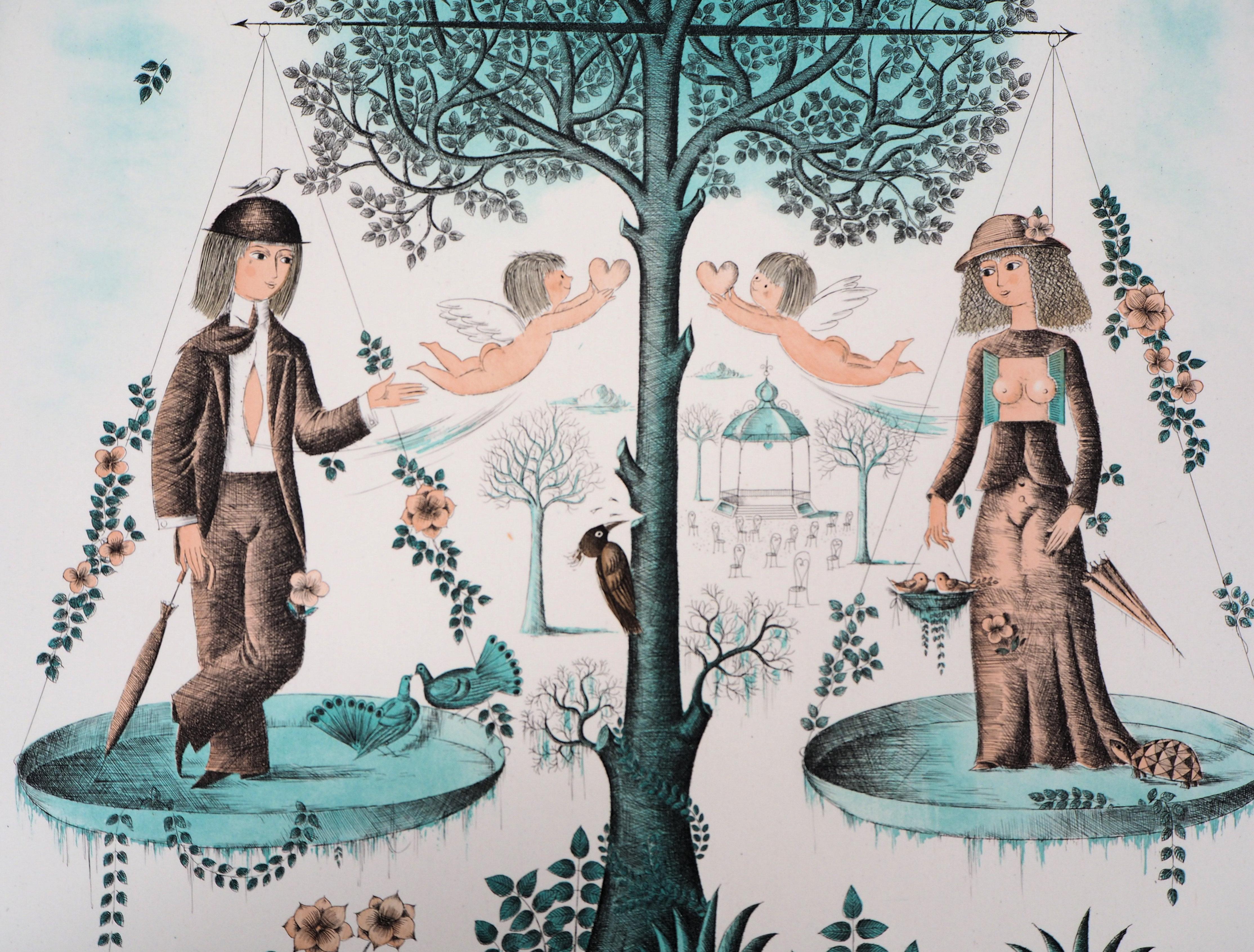 Astrology - Zodiac : Libra - Original Etching, Handsigned 1979 - Gray Figurative Print by Raymond Peynet