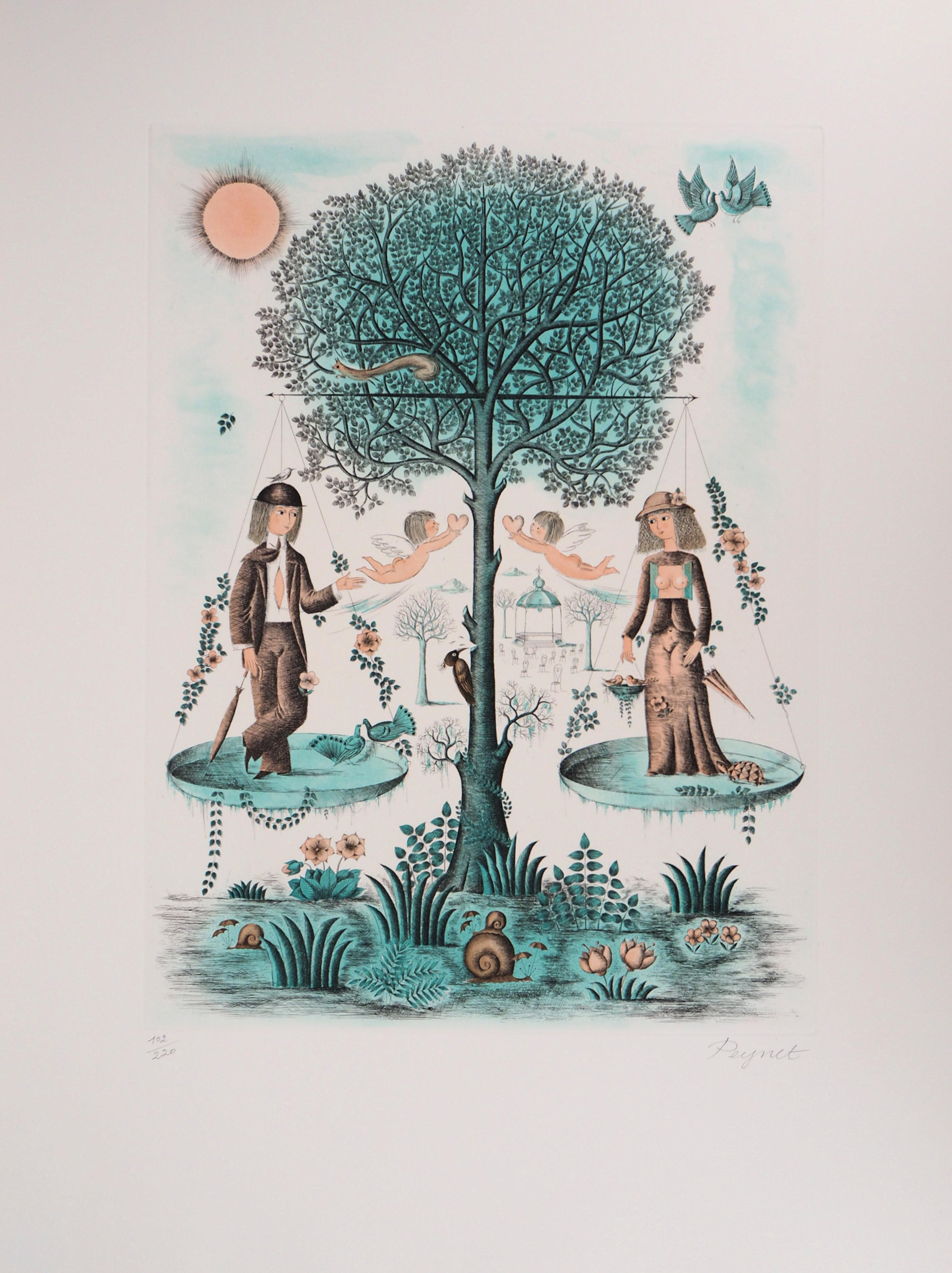 Raymond Peynet Figurative Print - Astrology - Zodiac : Libra - Original Etching, Handsigned 1979