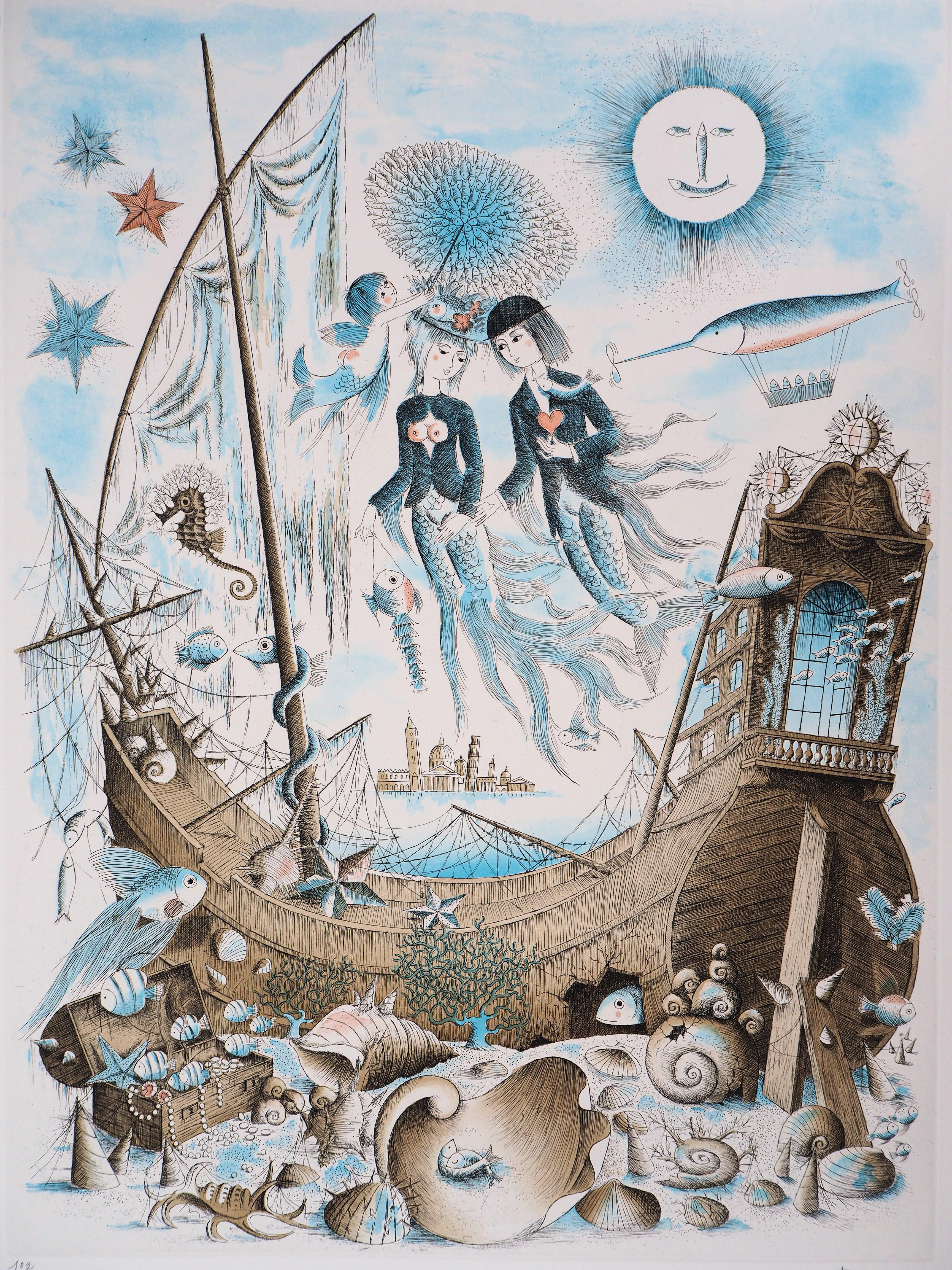 Astrología - Zodíaco : Piscis (Pez) - Grabado original firmado a mano, 1979 - Print Moderno de Raymond Peynet