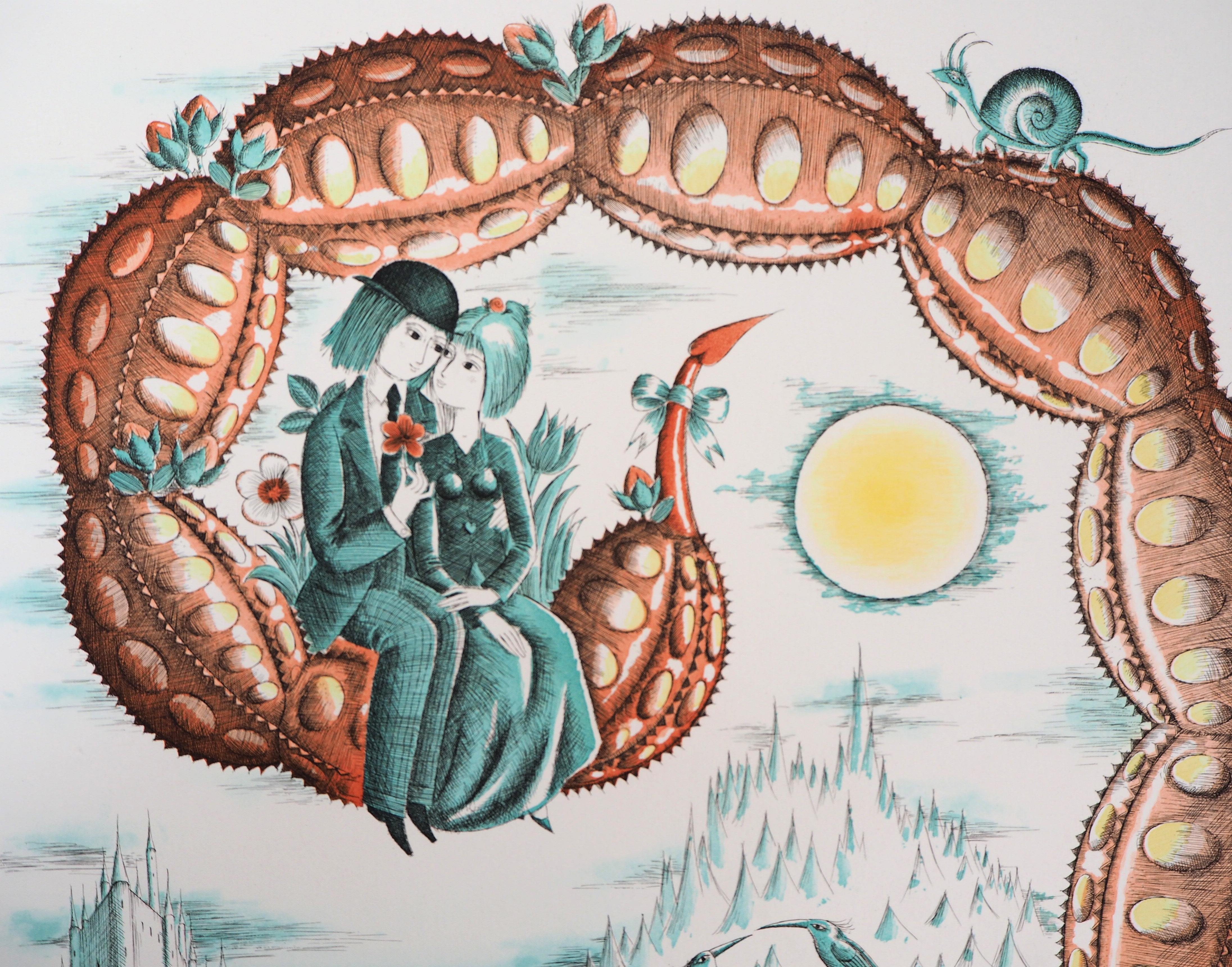 Astrology - Zodiac : Scorpions - Original Etching Handsigned in pencil, 1979 - Gray Figurative Print by Raymond Peynet