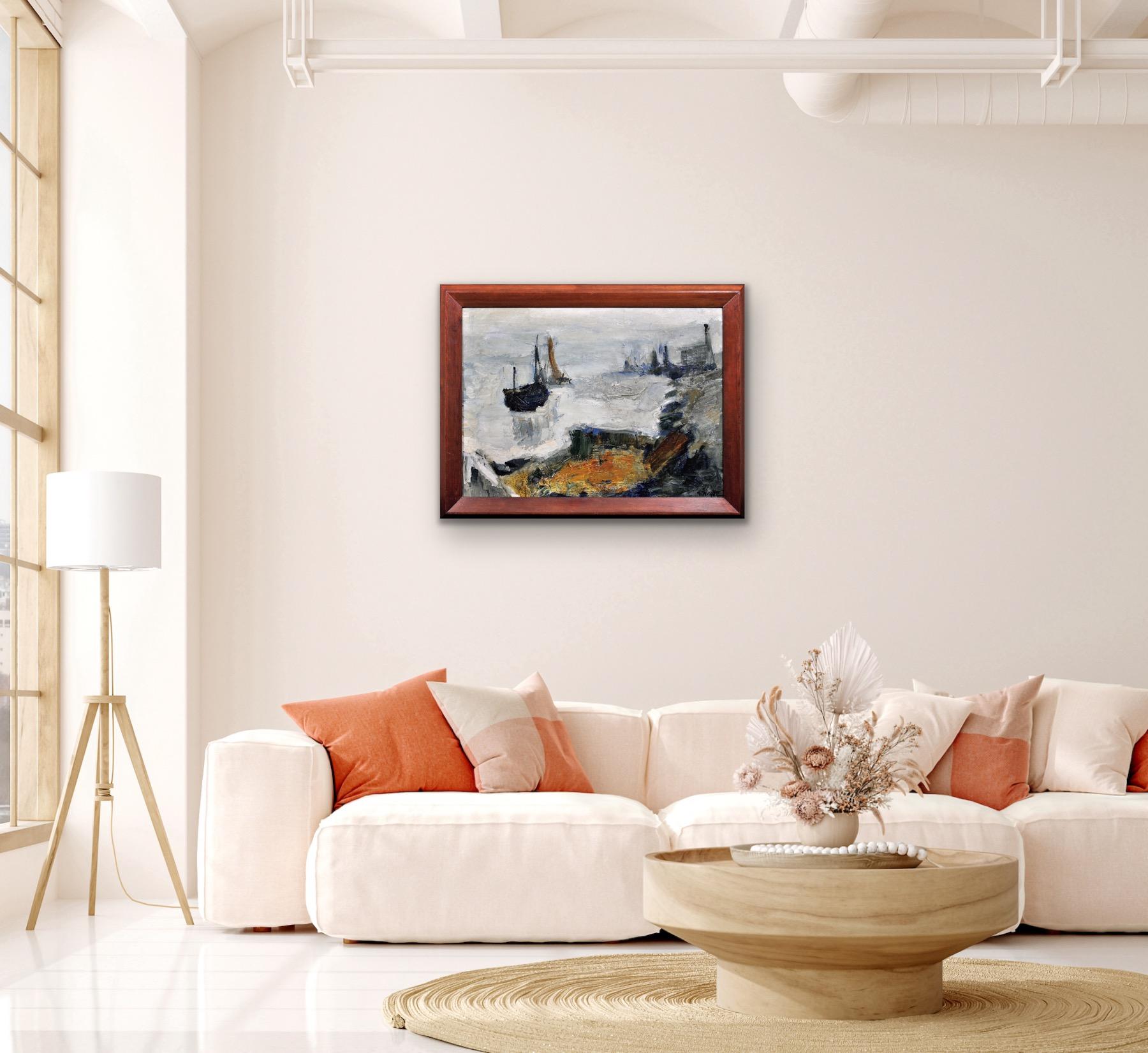 Pintura al óleo abstracta impresionista enmarcada del artista del grupo Gravelines circa 1964 en venta 6