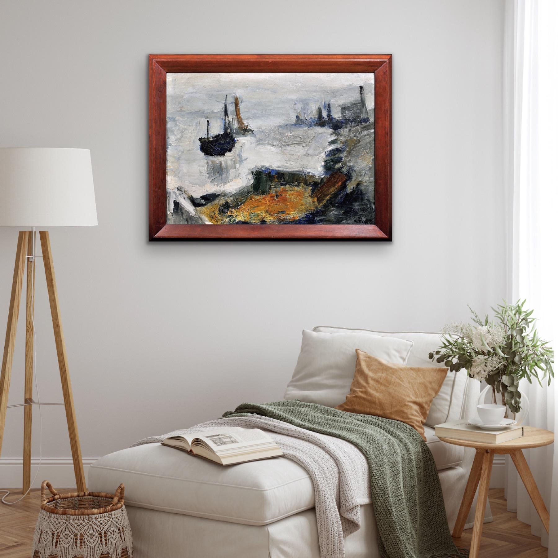 Pintura al óleo abstracta impresionista enmarcada del artista del grupo Gravelines circa 1964 en venta 13