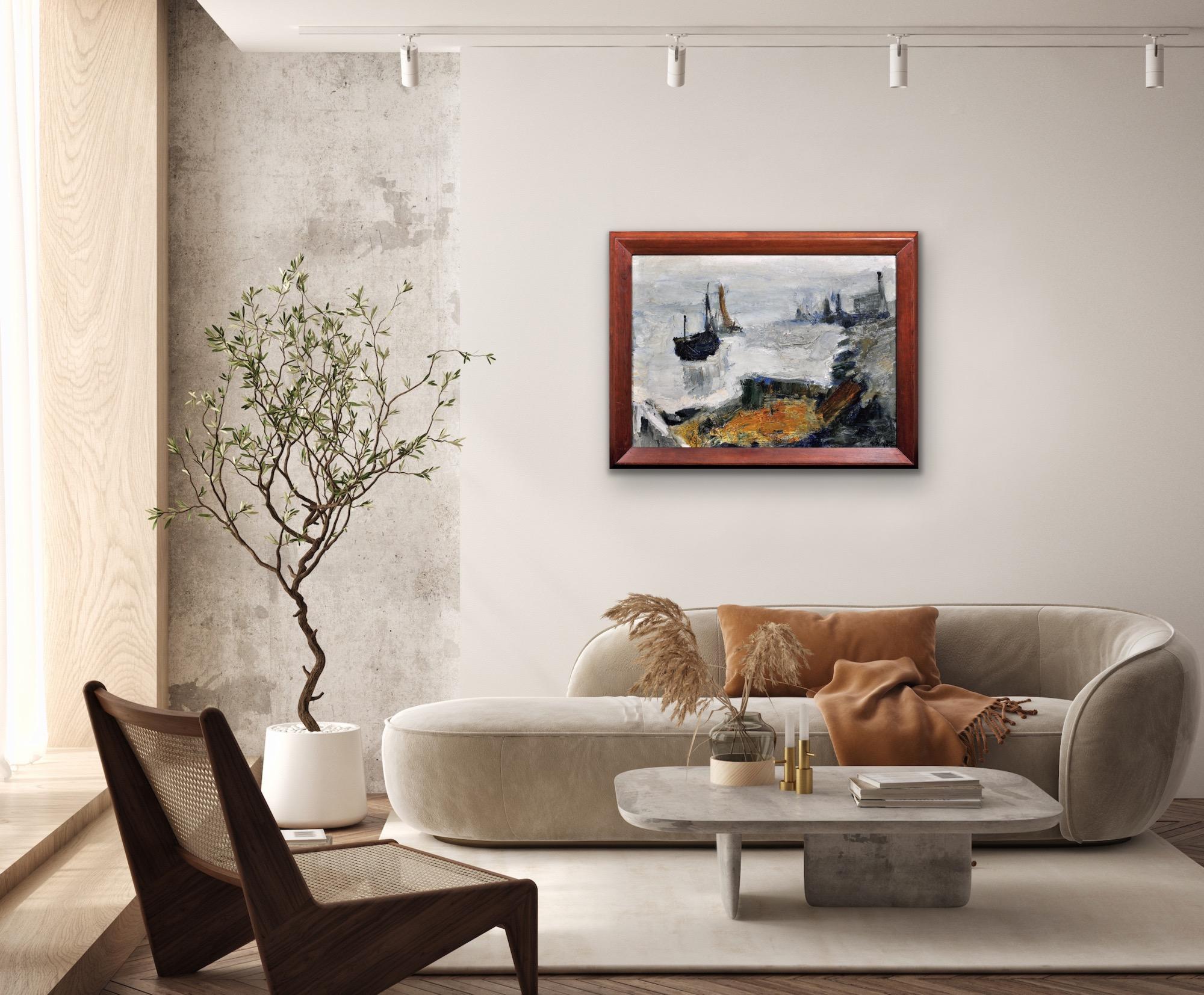 Pintura al óleo abstracta impresionista enmarcada del artista del grupo Gravelines circa 1964 en venta 14