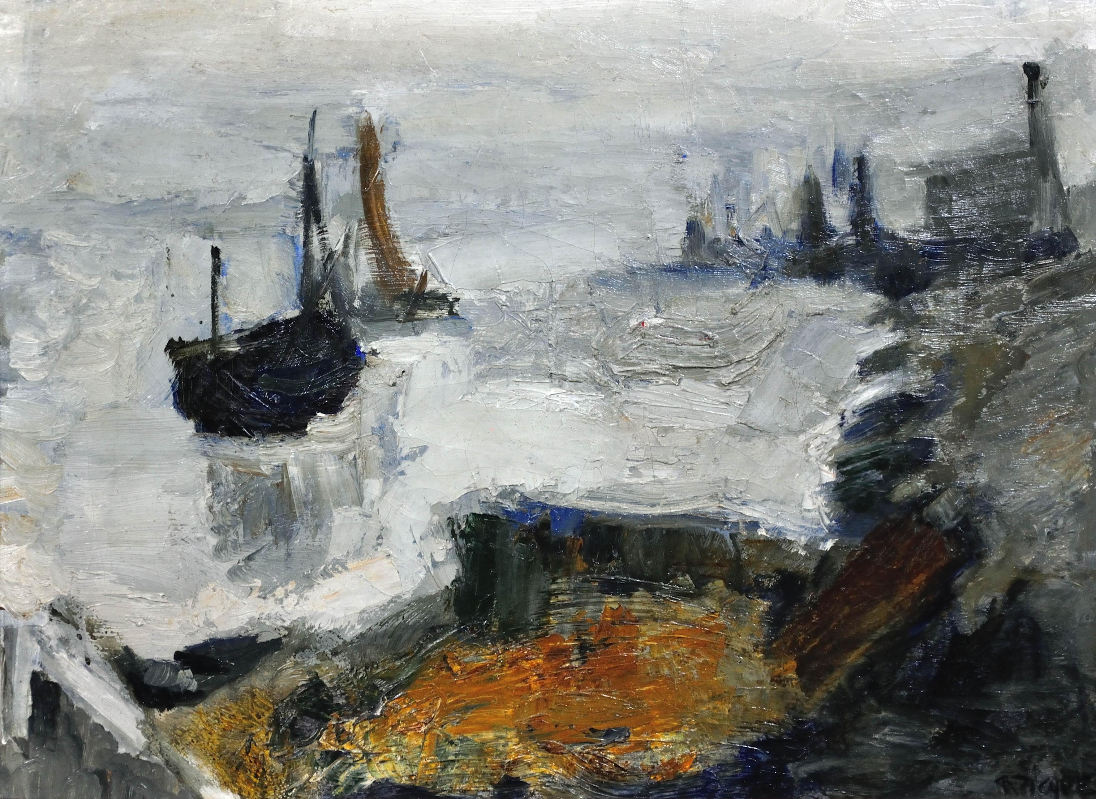 Pintura al óleo abstracta impresionista enmarcada del artista del grupo Gravelines circa 1964 - Painting de Raymond Picque