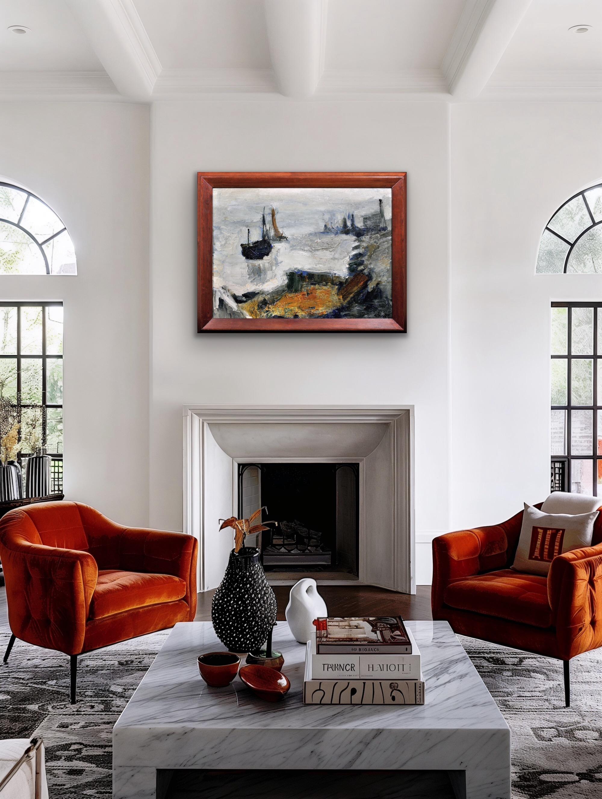 Pintura al óleo abstracta impresionista enmarcada del artista del grupo Gravelines circa 1964 en venta 1
