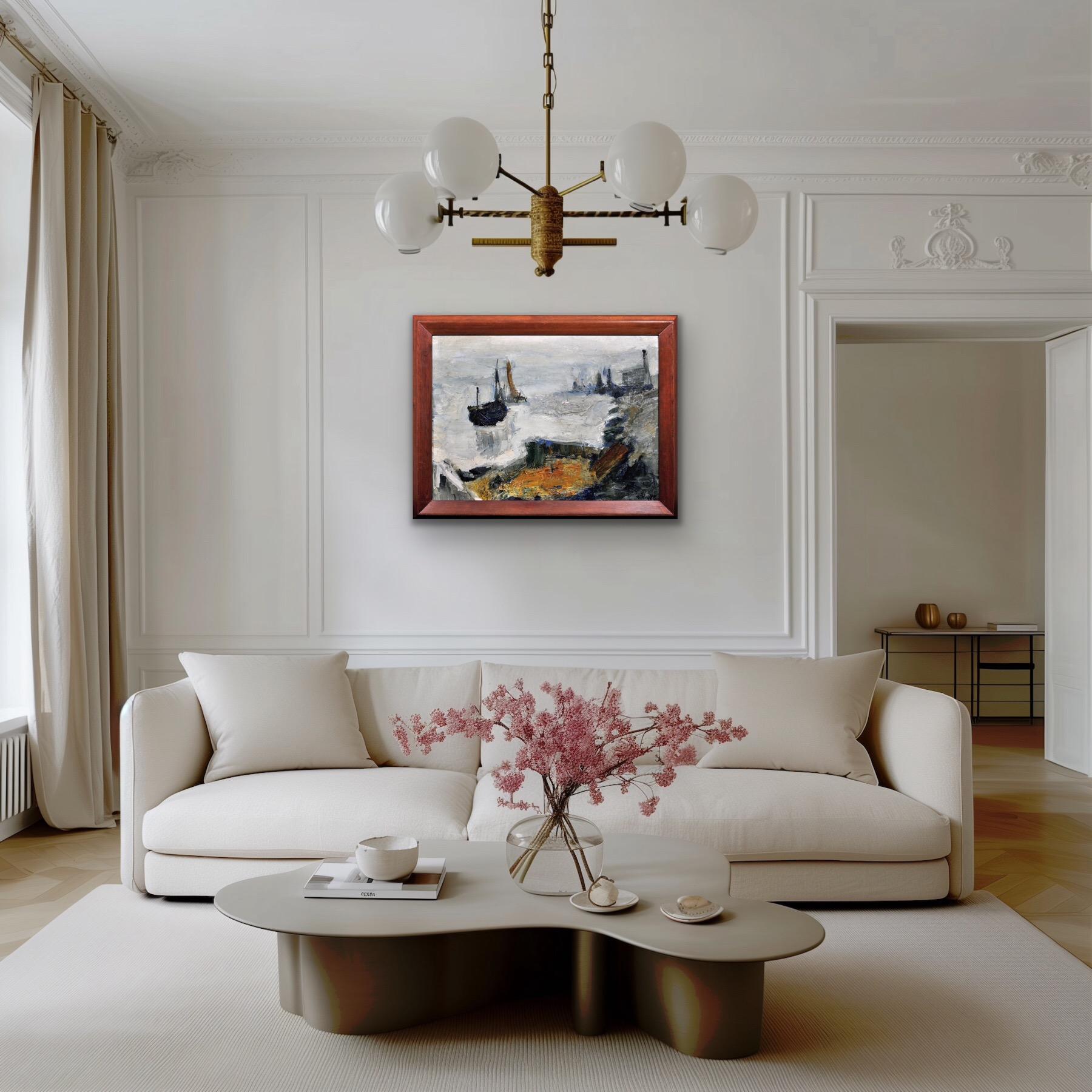 Pintura al óleo abstracta impresionista enmarcada del artista del grupo Gravelines circa 1964 en venta 2
