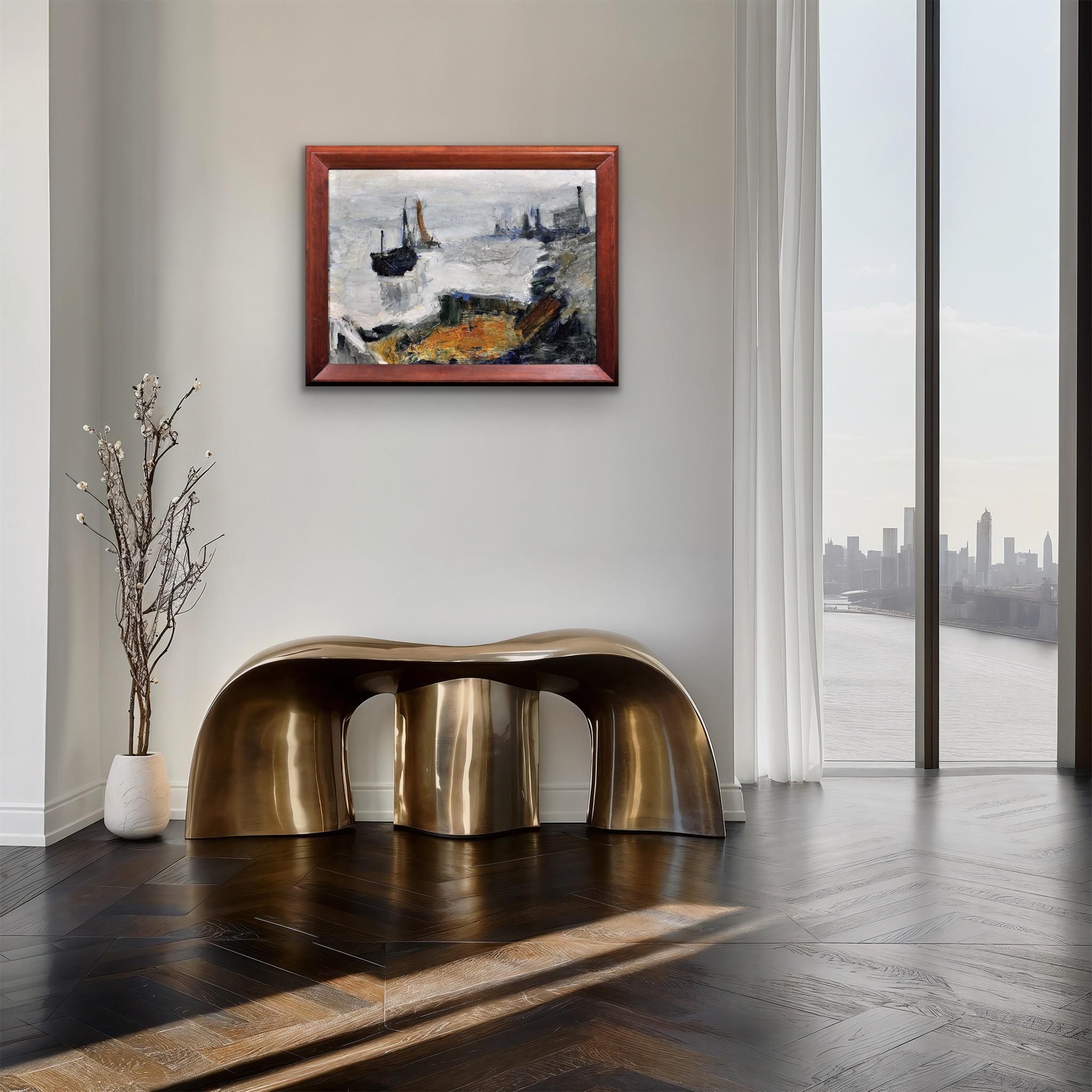 Pintura al óleo abstracta impresionista enmarcada del artista del grupo Gravelines circa 1964 en venta 3
