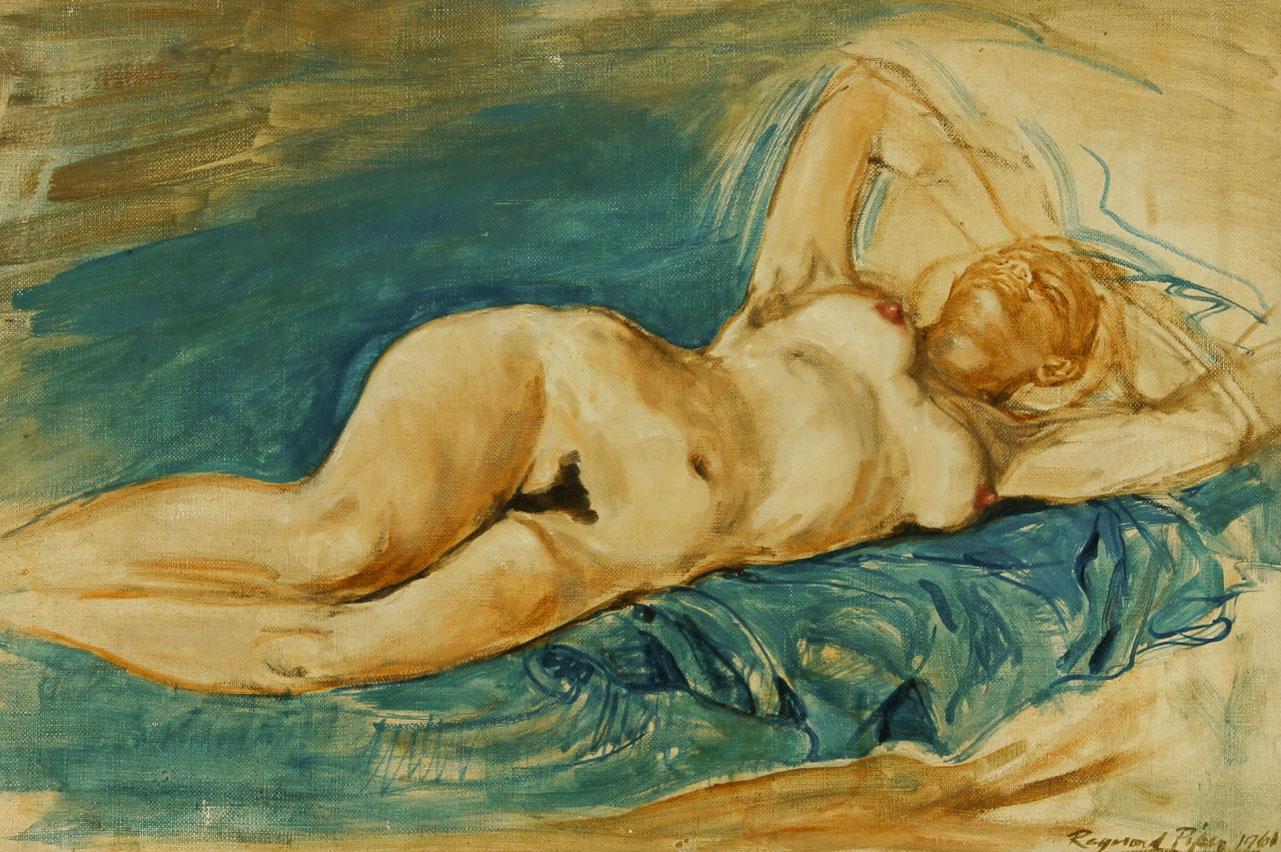 Presented in a period cream wooden frame. This is a strong study of a nude reclining on a sofa, painted with bold brush strokes. The style draws comparisons to the nudes of Sir Stanley Spencer. Signed and dated. On canvas.