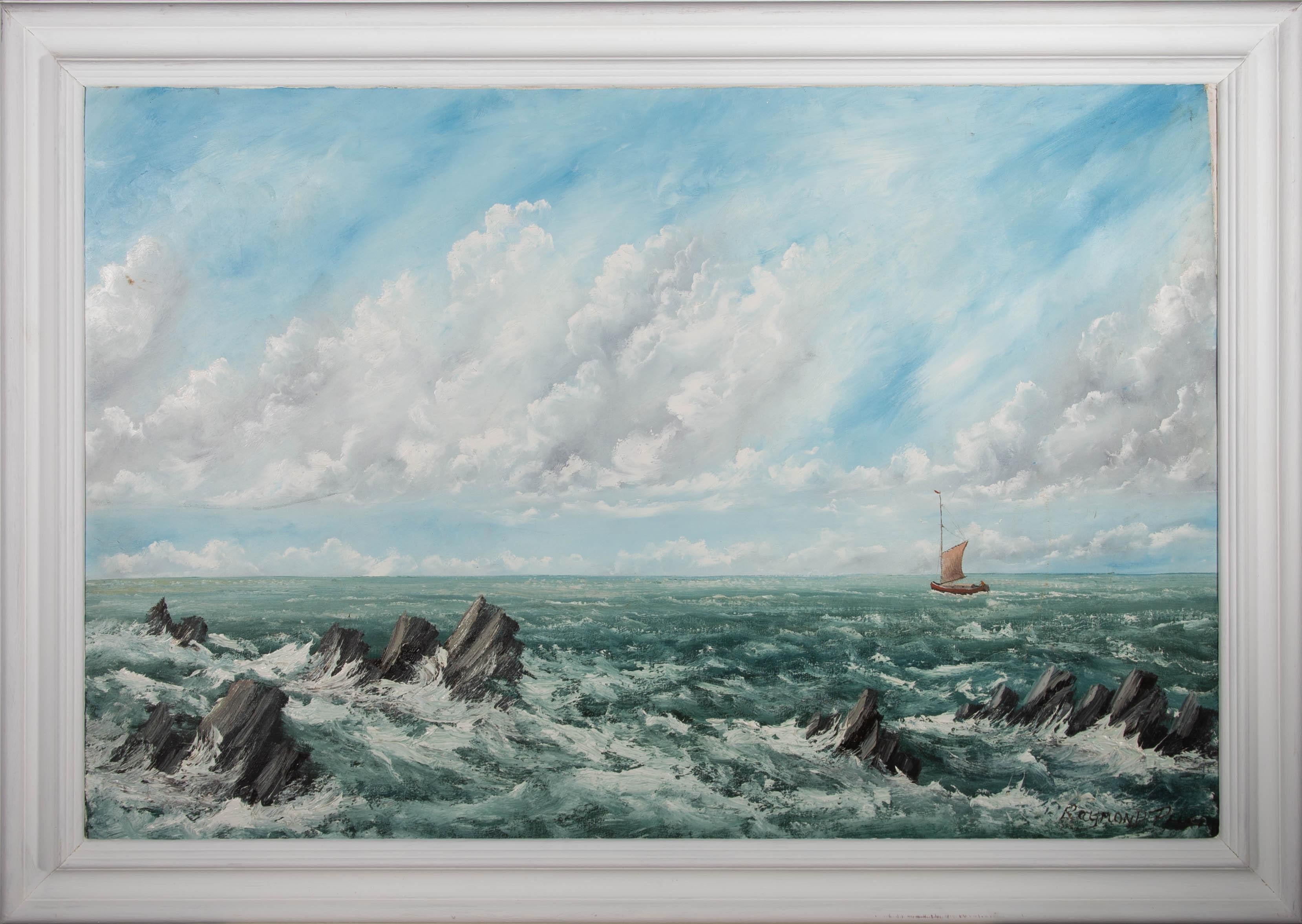 Questo delizioso paesaggio marino raffigura onde agitate che si infrangono sugli scogli. In lontananza una barca da pesca solitaria naviga sull'acqua. L'artista ha utilizzato una tecnica a impasto per catturare il movimento del mare agitato. Firmato