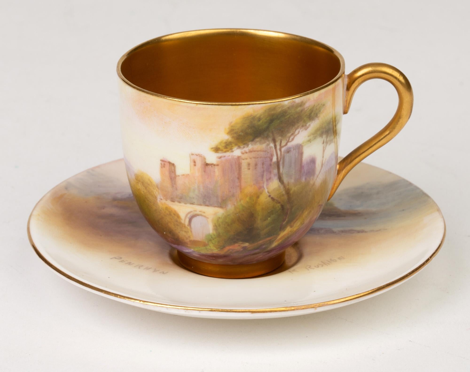 Art Deco Raymond Rushton Royal Worcester Hand Painted Welsh Castles Cup and Saucer