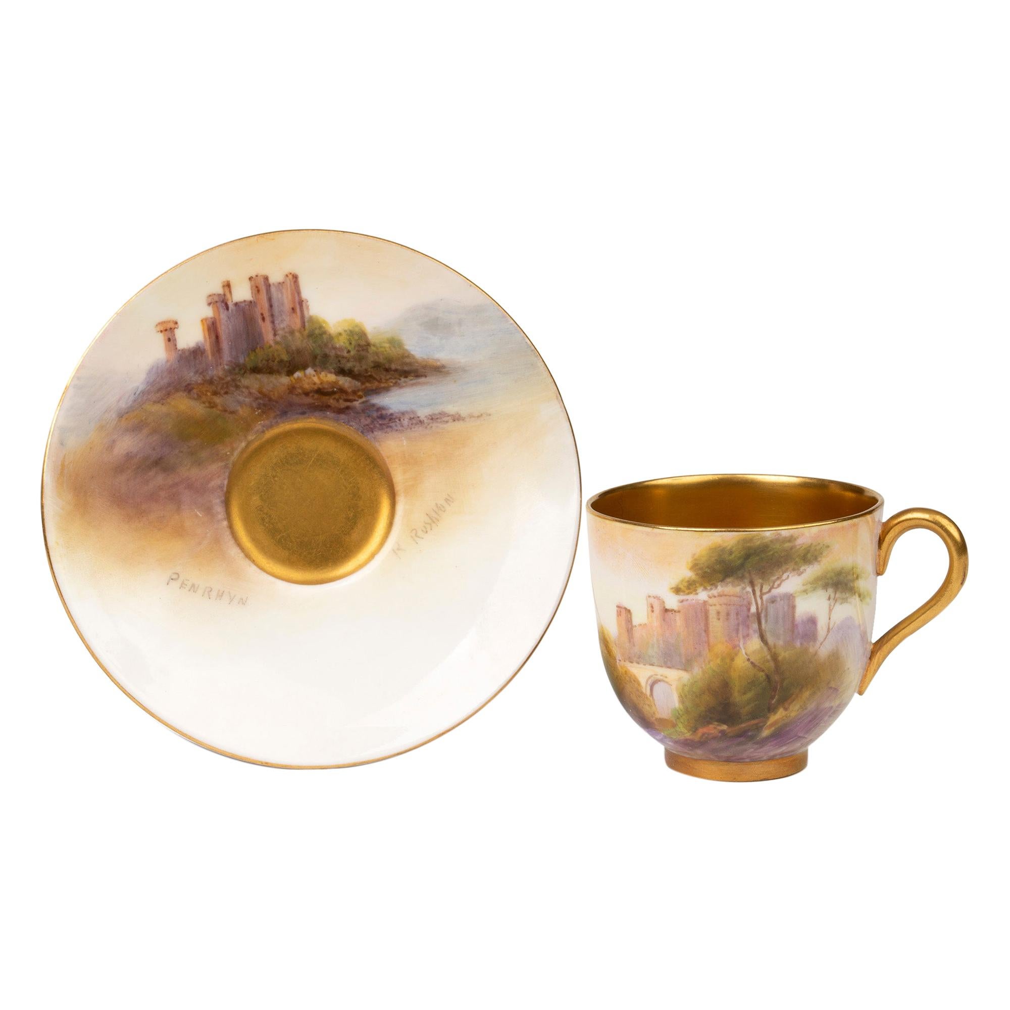 Raymond Rushton Royal Worcester Hand Painted Welsh Castles Cup and Saucer