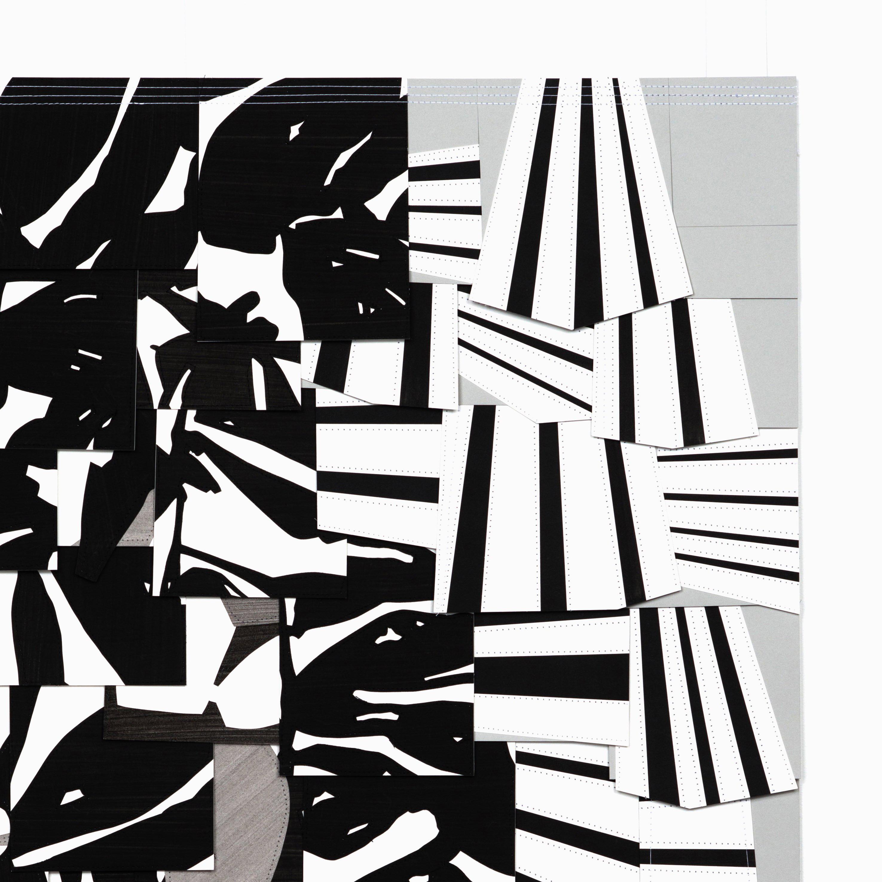 Untitled (A) is primarily black, white, and gray.

Raymond Saá’s collages are made of hand-painted paper, cut into various shapes that are then sewn together. The end result is an overlapping shingle-like pattern of color, shape, and form. The work
