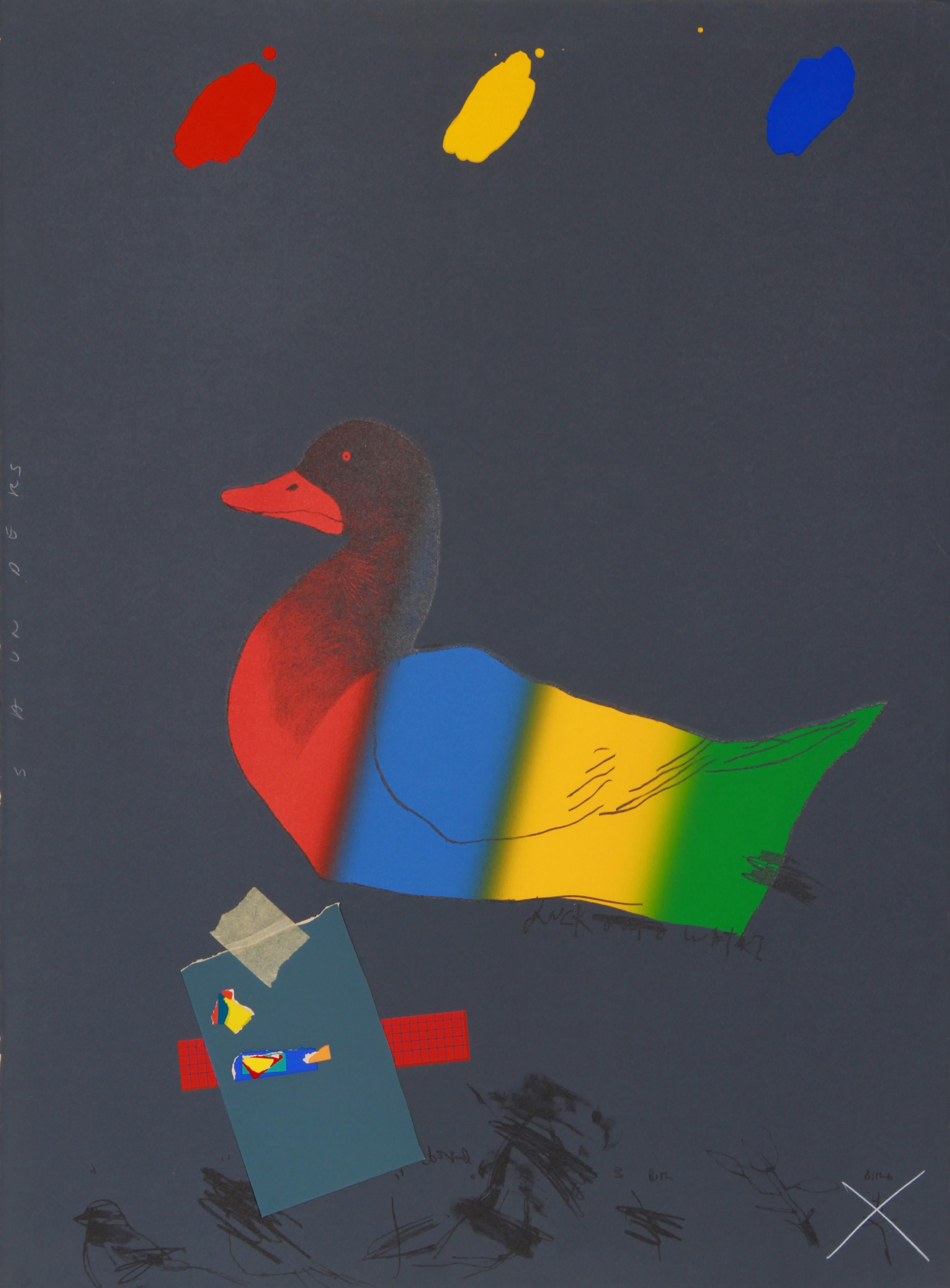 Artistics : Raymond Jennings Saunders, Américain (1934 - )
Titre : Le canard hors de l'eau
Année : 1975
Support : Lithographie avec sérigraphie et collage, signée et numérotée au crayon 
Edition : 200
Taille : 30 in. x 22 in. (76.2 cm x 55.88