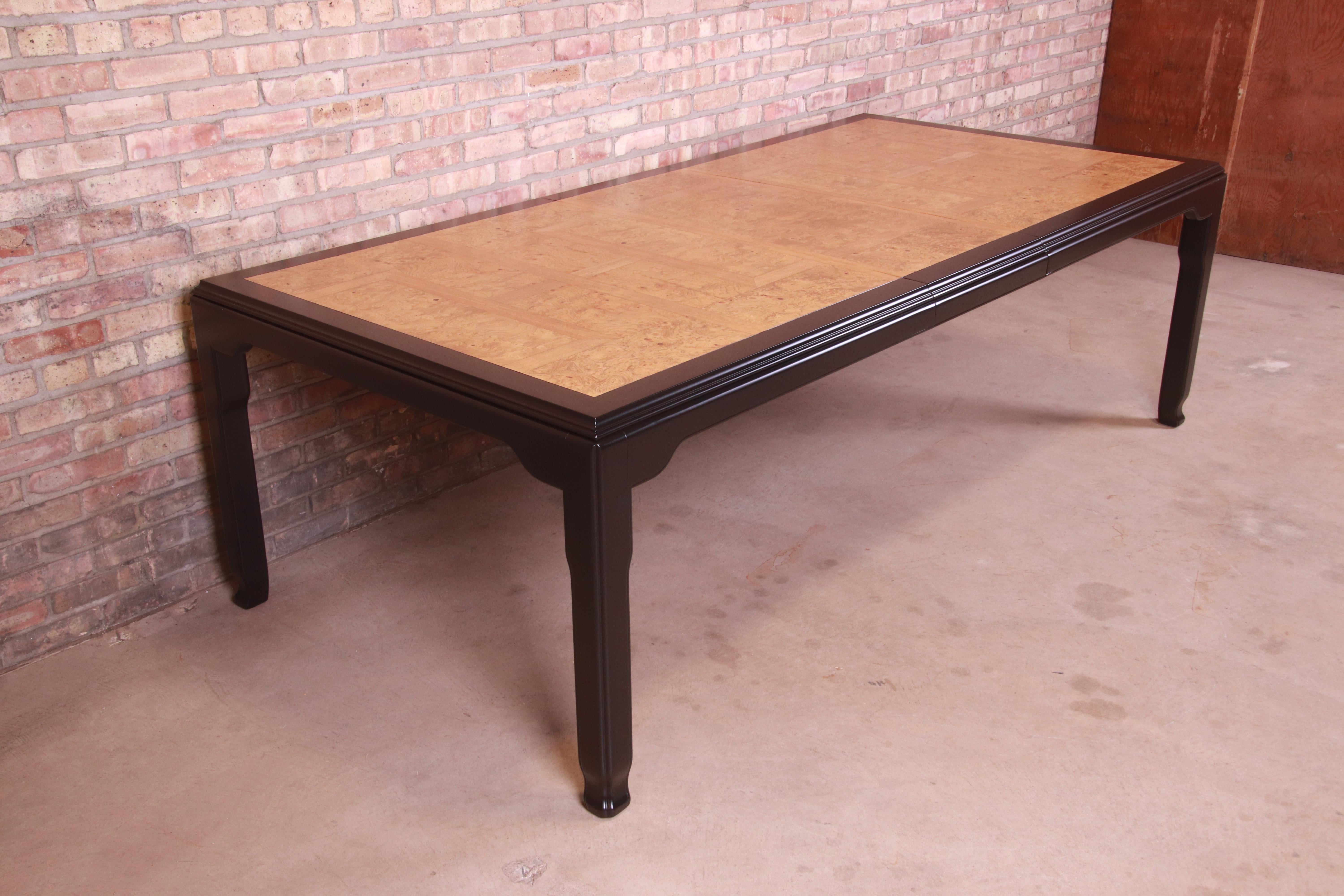 Mid-Century Modern Raymond Sobota for Century Burl Wood and Black Lacquer Dining Table, Refinished For Sale