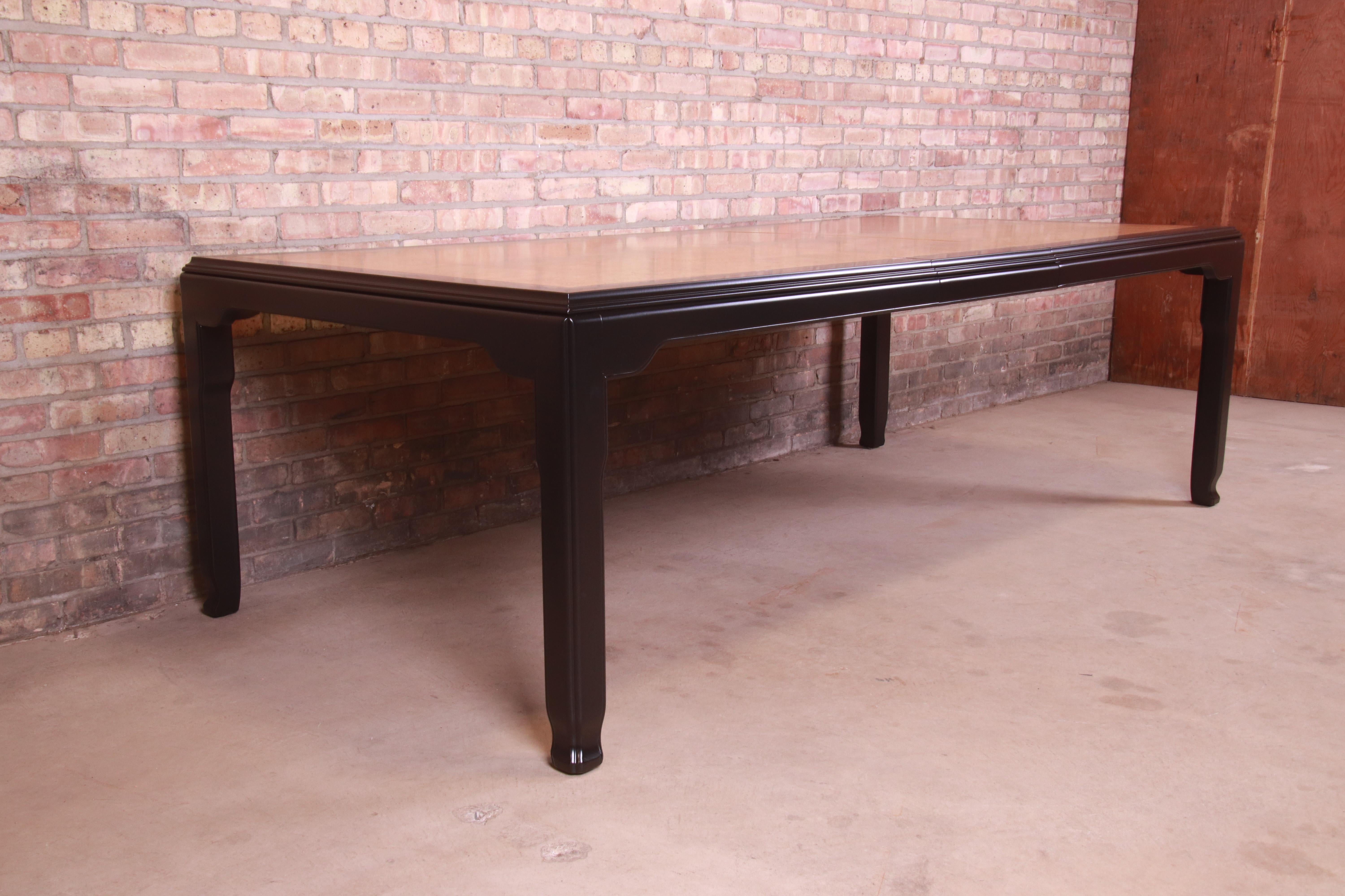 American Raymond Sobota for Century Burl Wood and Black Lacquer Dining Table, Refinished