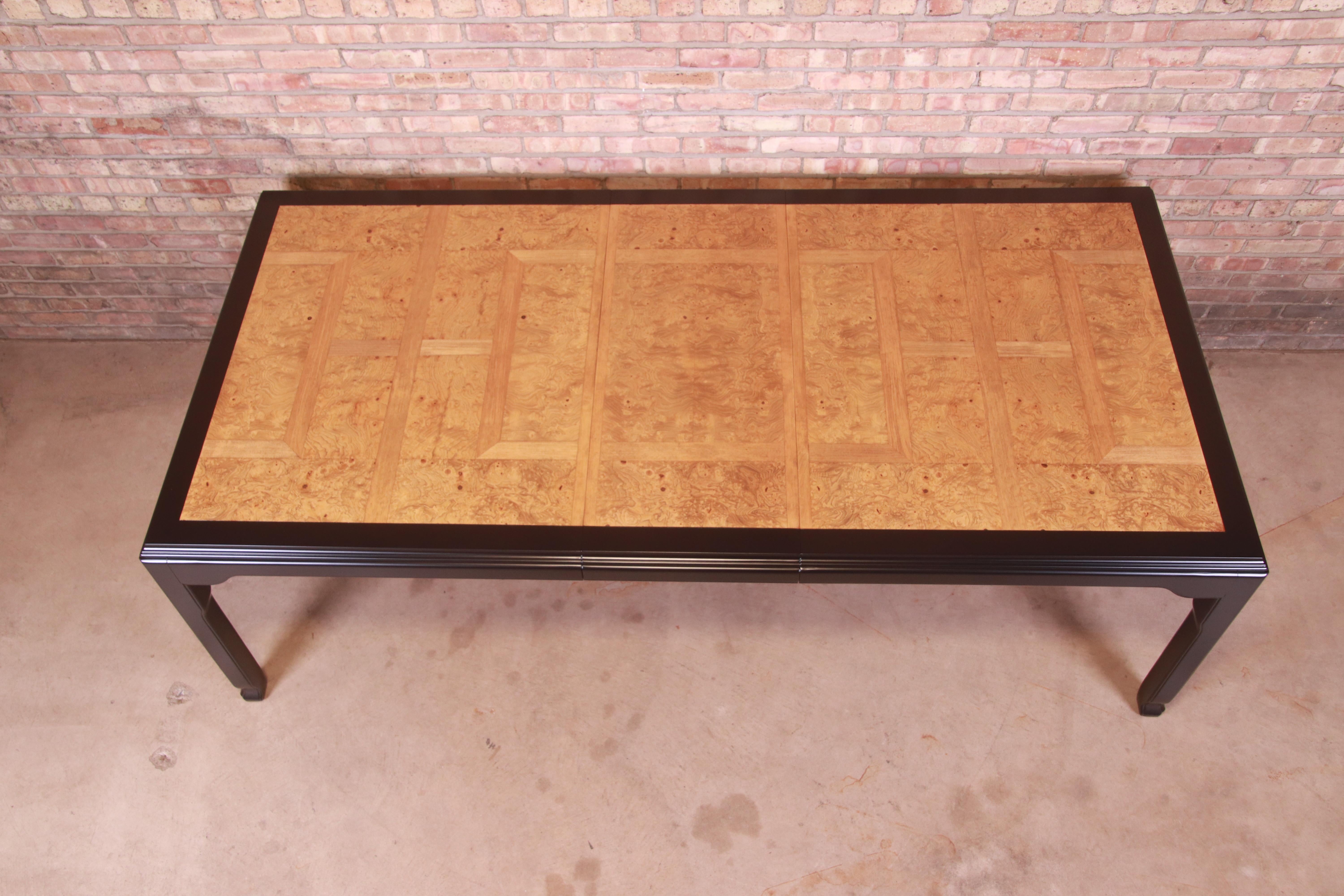 Raymond Sobota for Century Burl Wood and Black Lacquer Dining Table, Refinished In Good Condition In South Bend, IN