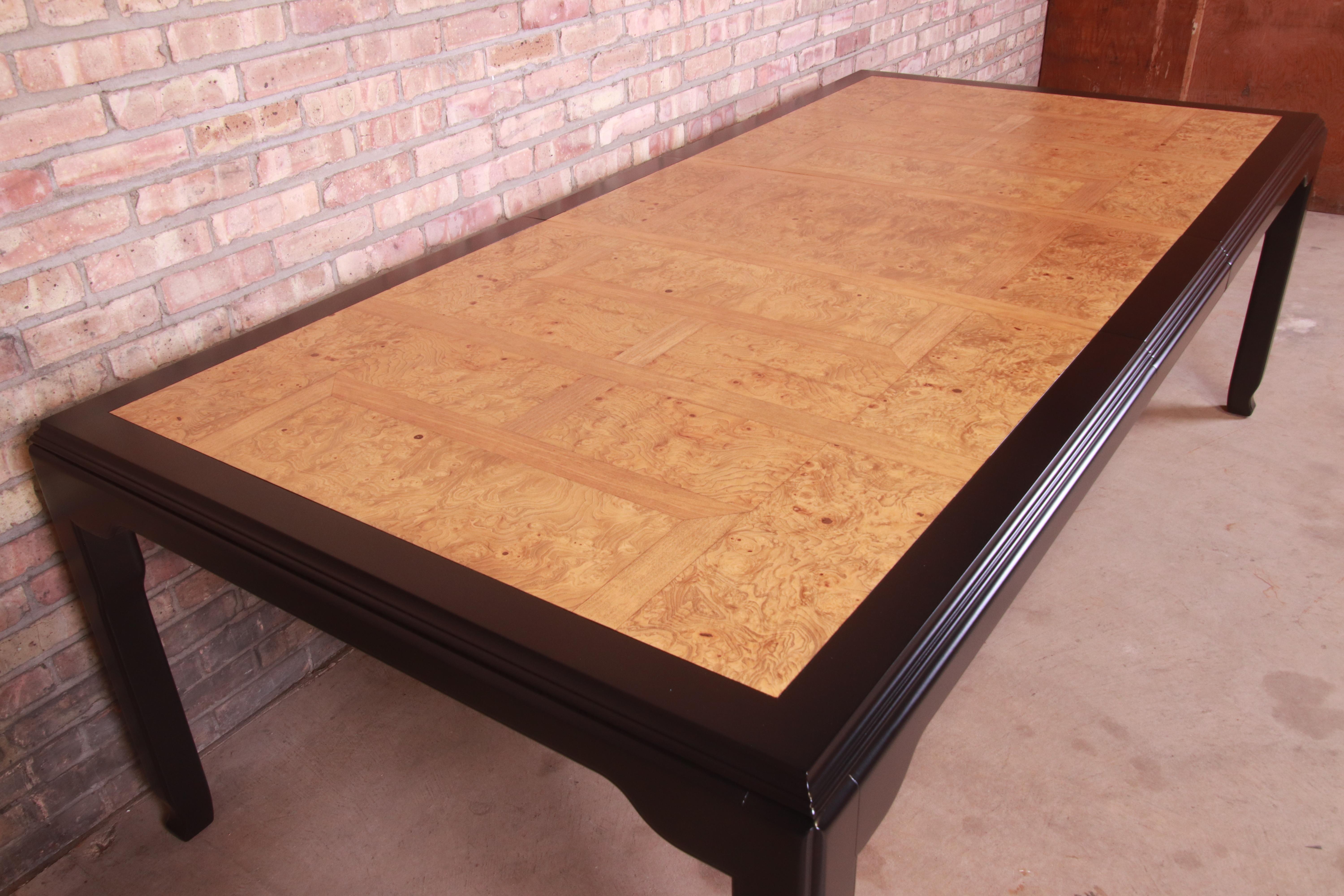 Late 20th Century Raymond Sobota for Century Burl Wood and Black Lacquer Dining Table, Refinished