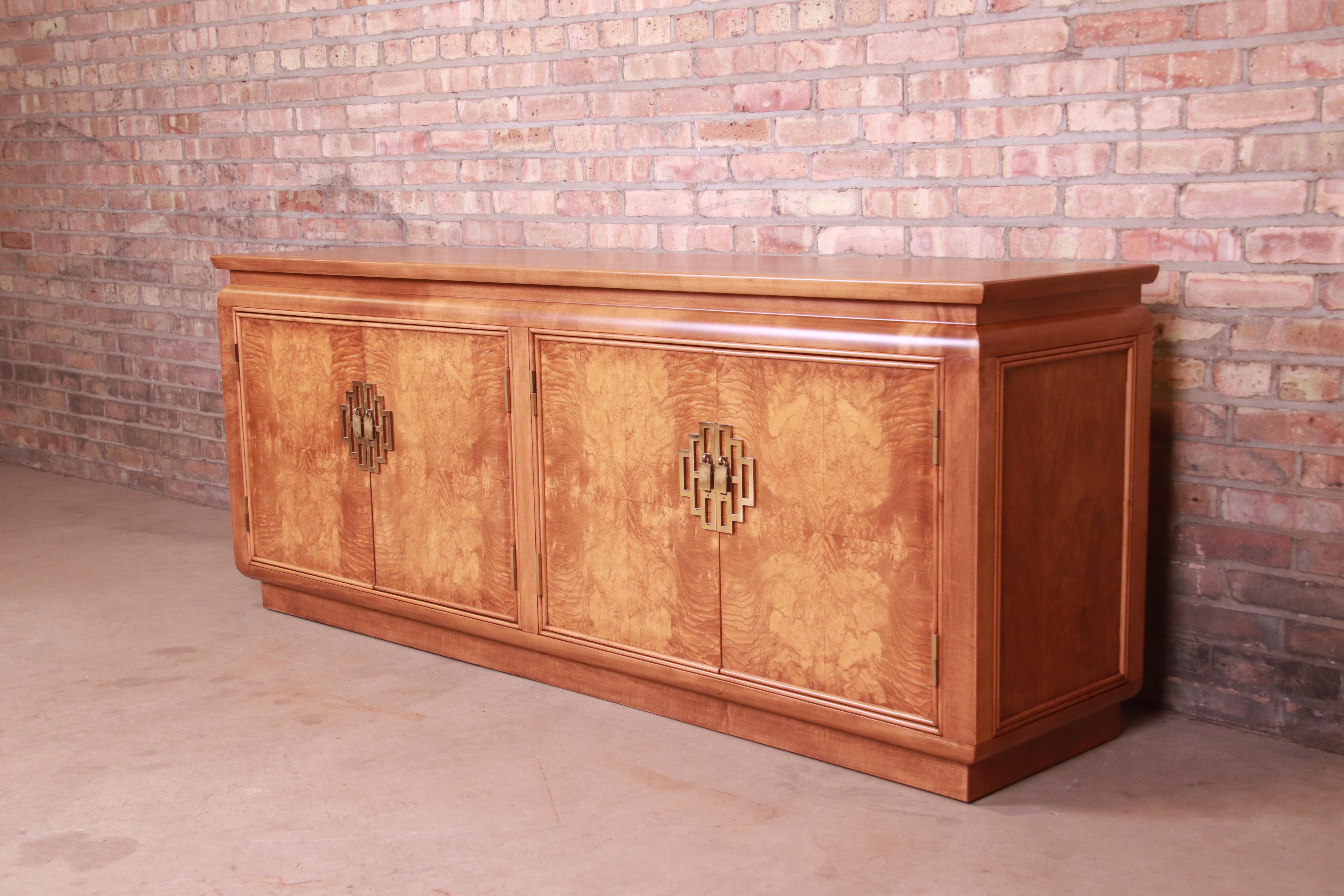 Raymond Sobota for Century Hollywood Regency Burl Wood Credenza, Refinished In Good Condition For Sale In South Bend, IN
