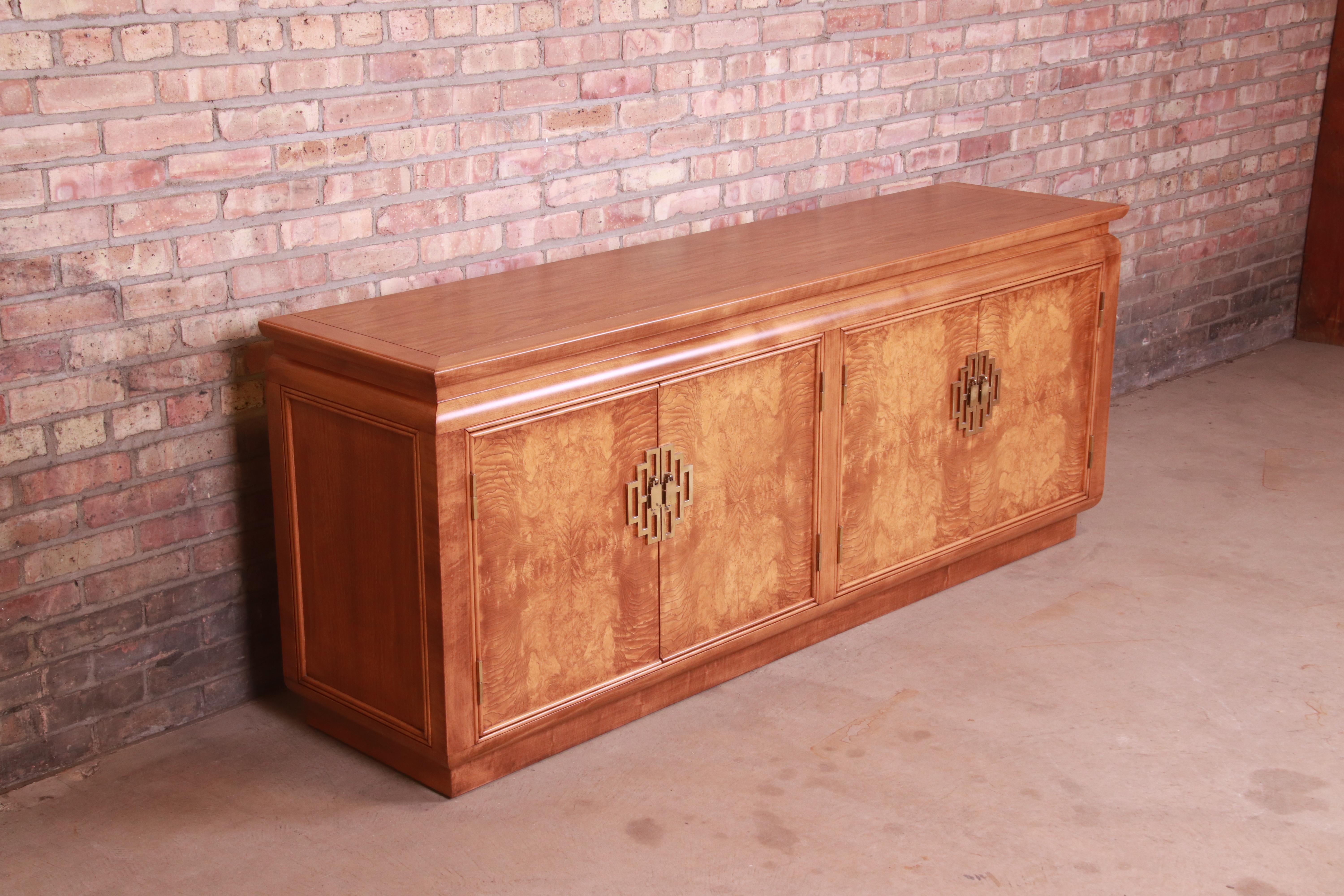 Late 20th Century Raymond Sobota for Century Hollywood Regency Burl Wood Credenza, Refinished For Sale