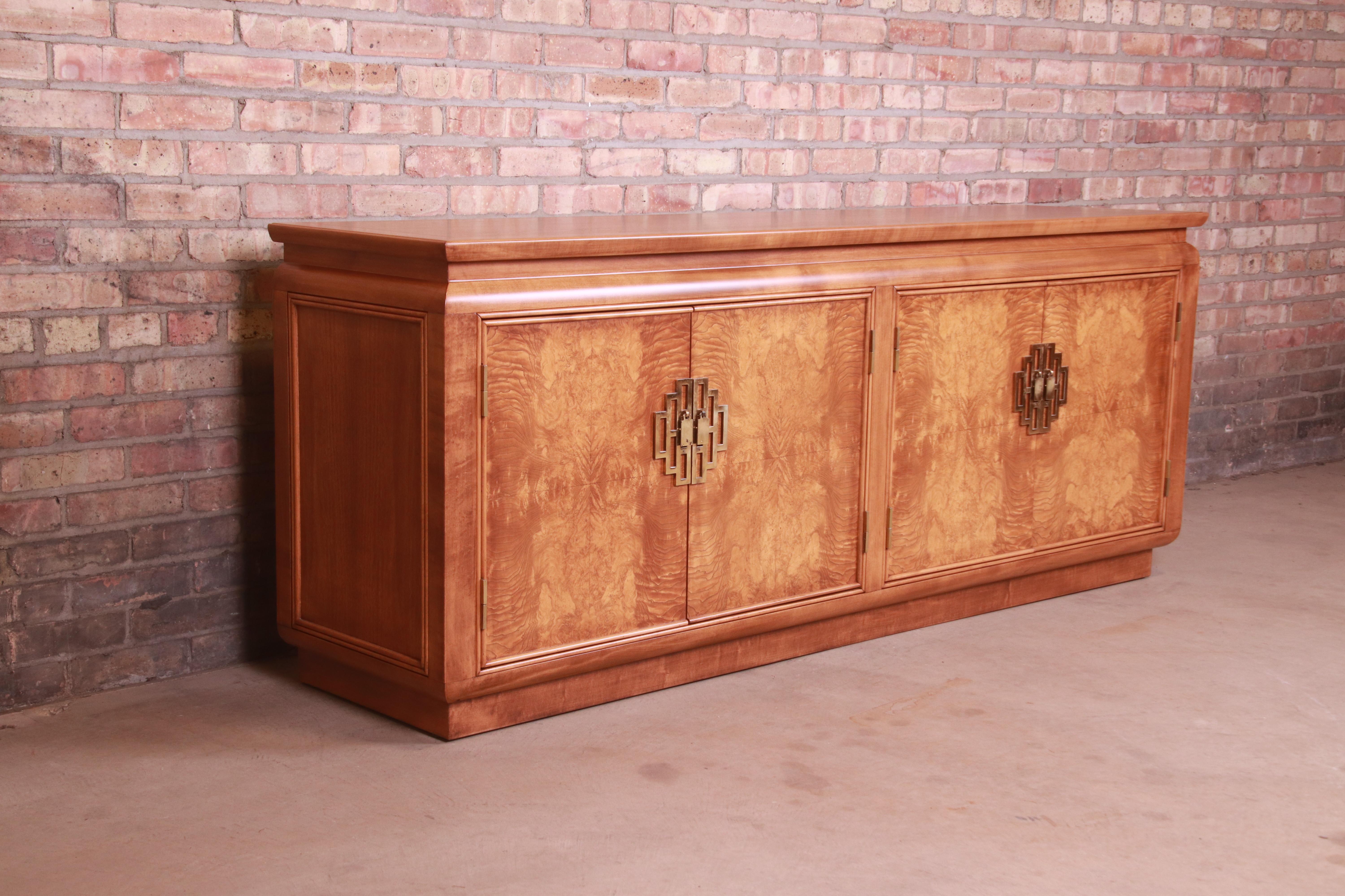 Brass Raymond Sobota for Century Hollywood Regency Burl Wood Credenza, Refinished For Sale