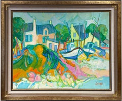 Huge French Fauvist Colorist Oil Painting Fishing Boats Brittany Cottages, 20thC