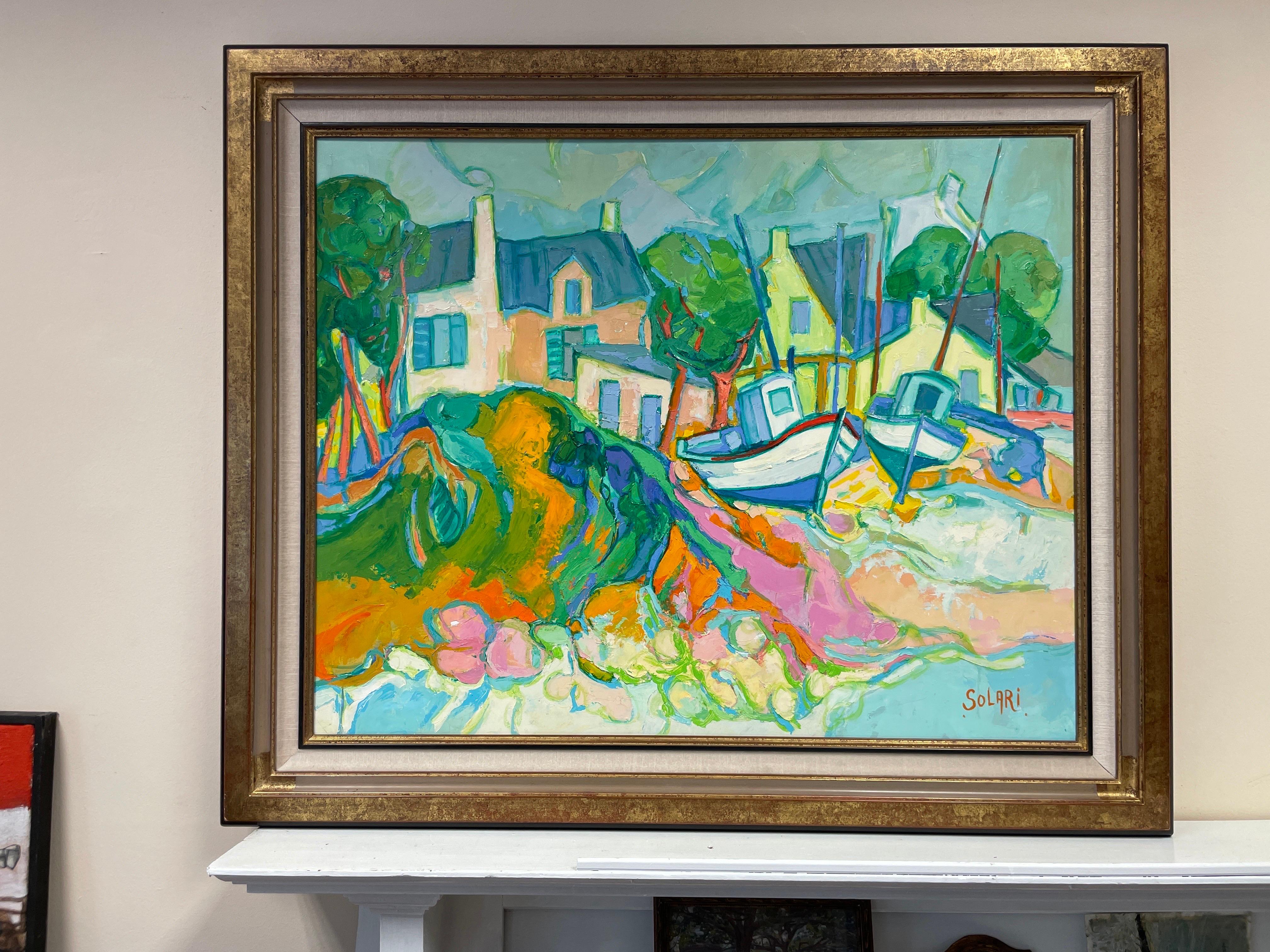 Huge French Fauvist Colorist Oil Painting Fishing Boats Brittany Cottages, 20thC - Gray Landscape Painting by Raymond Solari