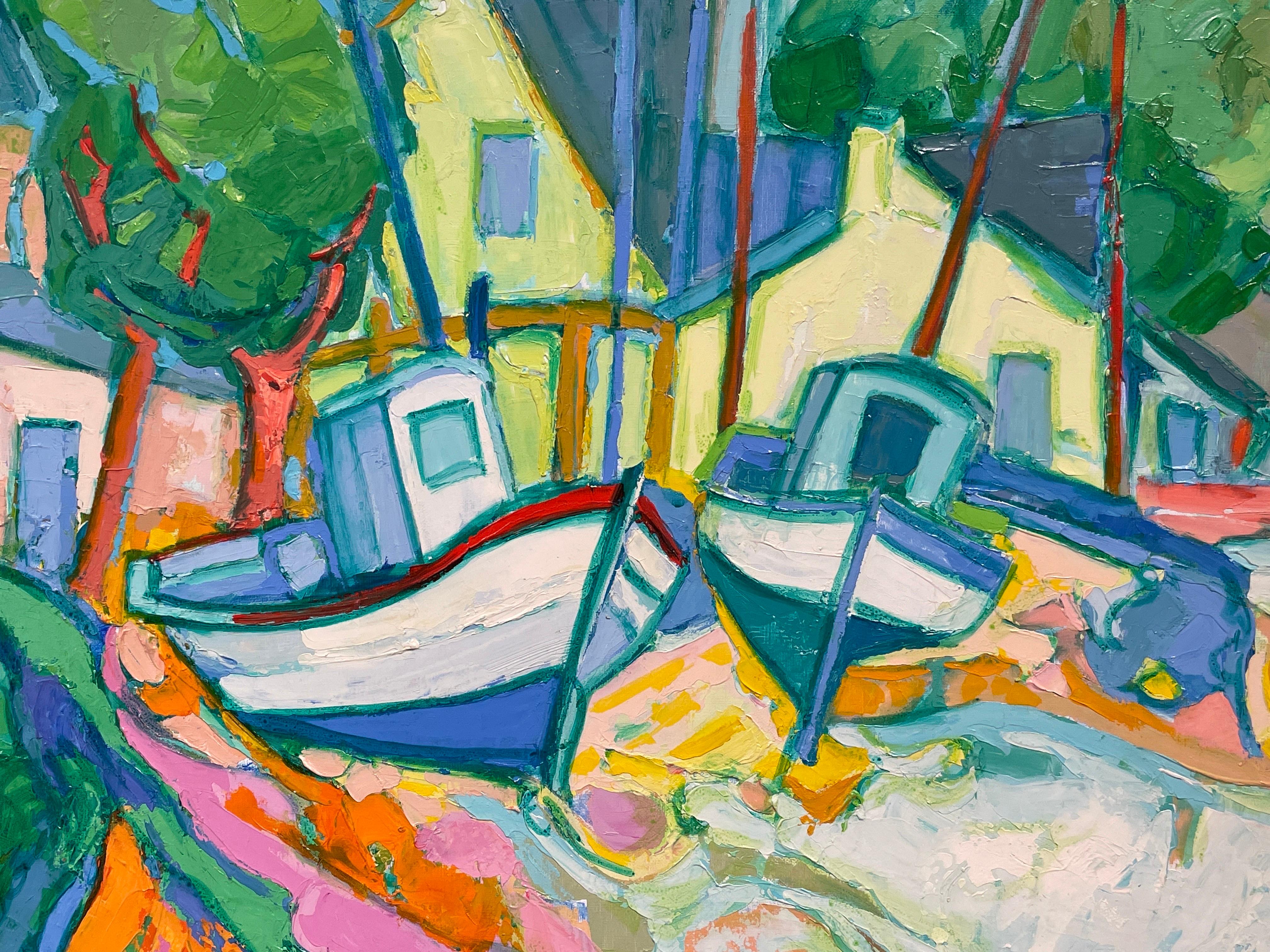 Port de Peche, Roscoff
by Raymond Solari (French b. 1947)
signed lower corner, titled verso

Beautifully bright and colorful original painting depicting this Brittany coastal scene with fishermans cottages and old boats. Painted with an almost