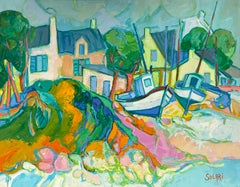 Huge French Fauvist Colorist Oil Painting Fishing Boats Brittany Cottages, 20thC