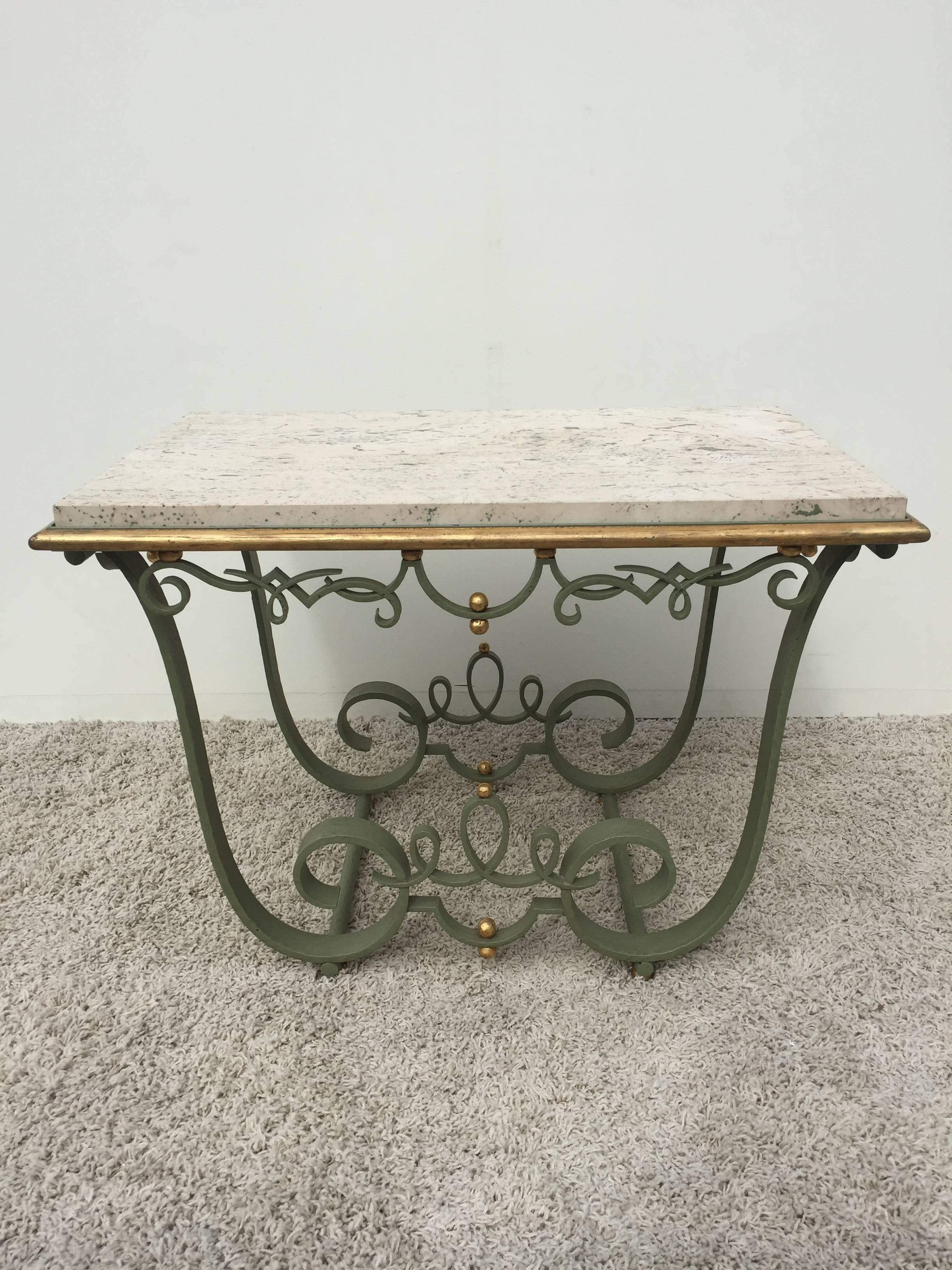 Raymond Subes attributed green and gilt marble top
Table, extremely well made heavy base, with a Travertine marble green patina filling, matching the base.