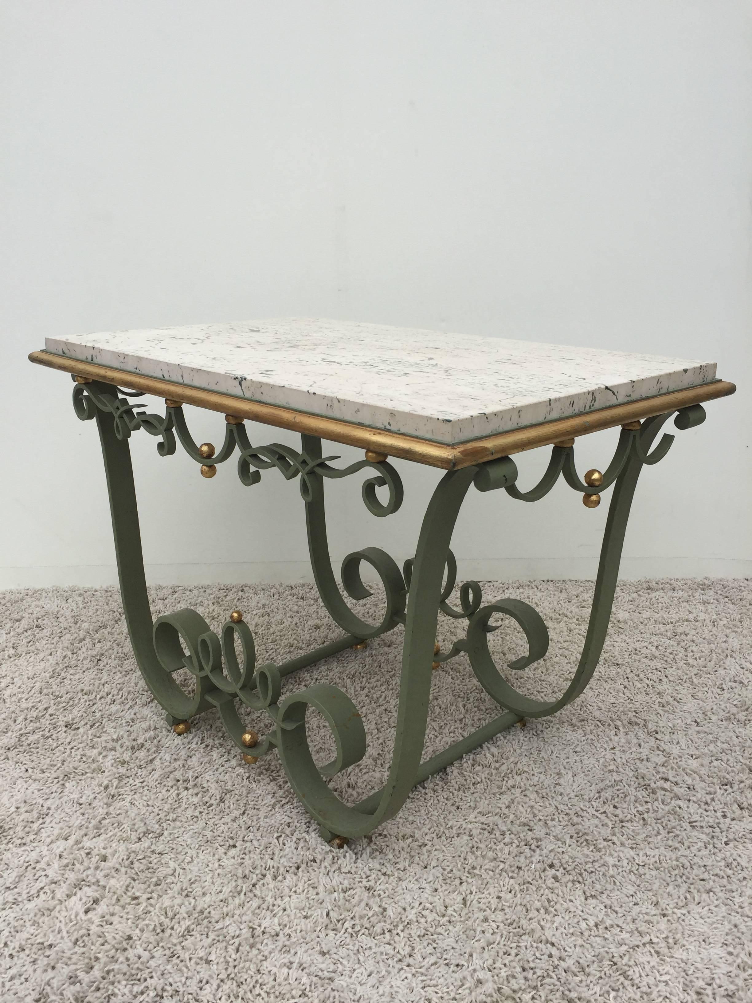Art Deco Raymond Subes Attributed Iron and Gilt Marble Table For Sale