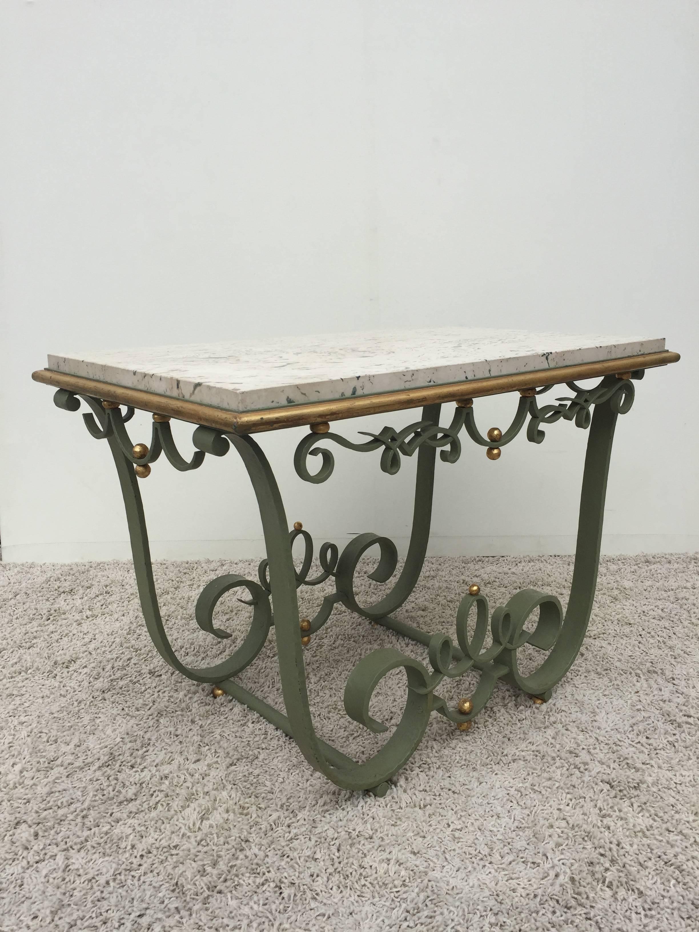 French Raymond Subes Attributed Iron and Gilt Marble Table For Sale