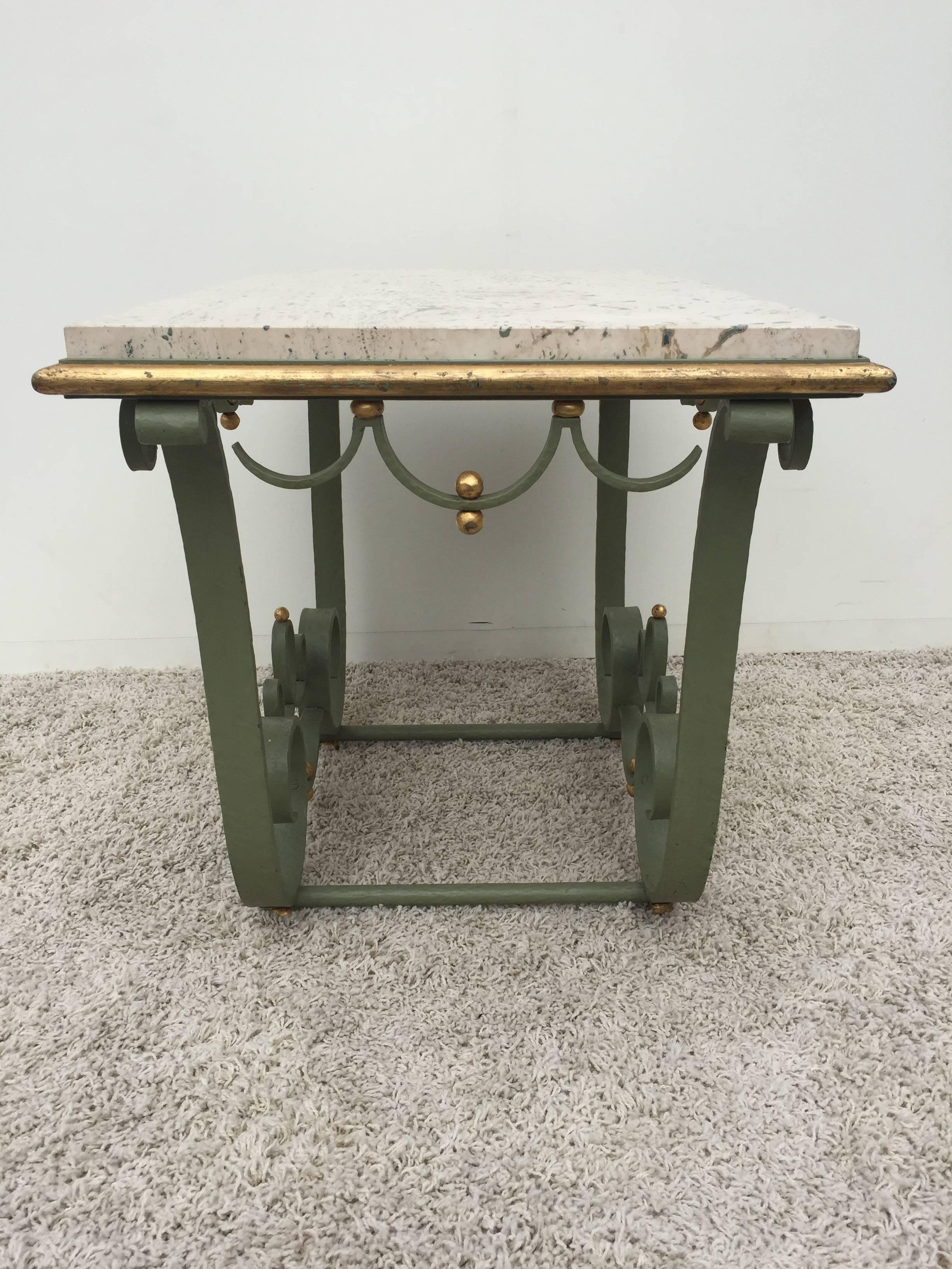 Raymond Subes Attributed Iron and Gilt Marble Table In Excellent Condition For Sale In Westport, CT