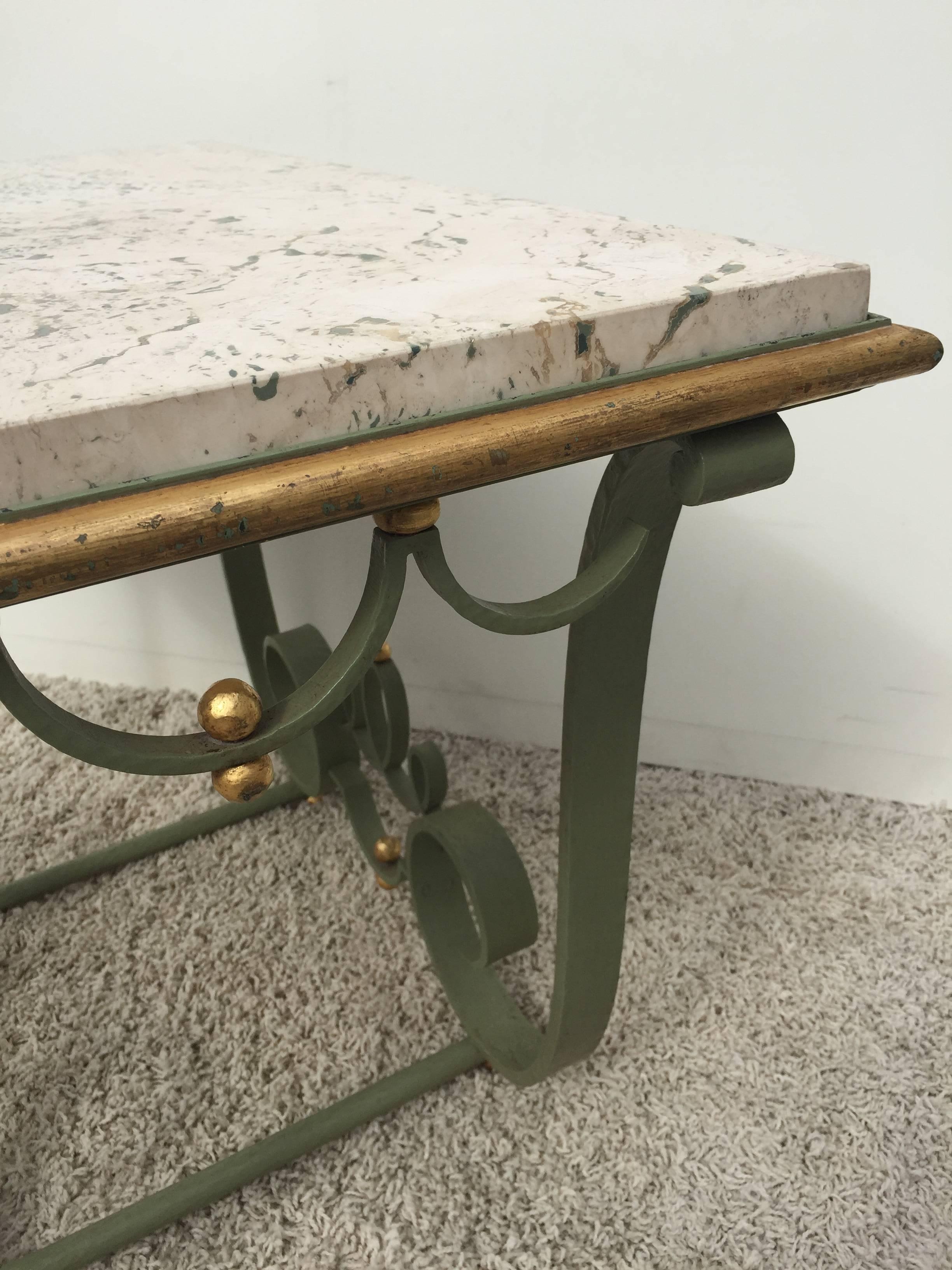 20th Century Raymond Subes Attributed Iron and Gilt Marble Table For Sale