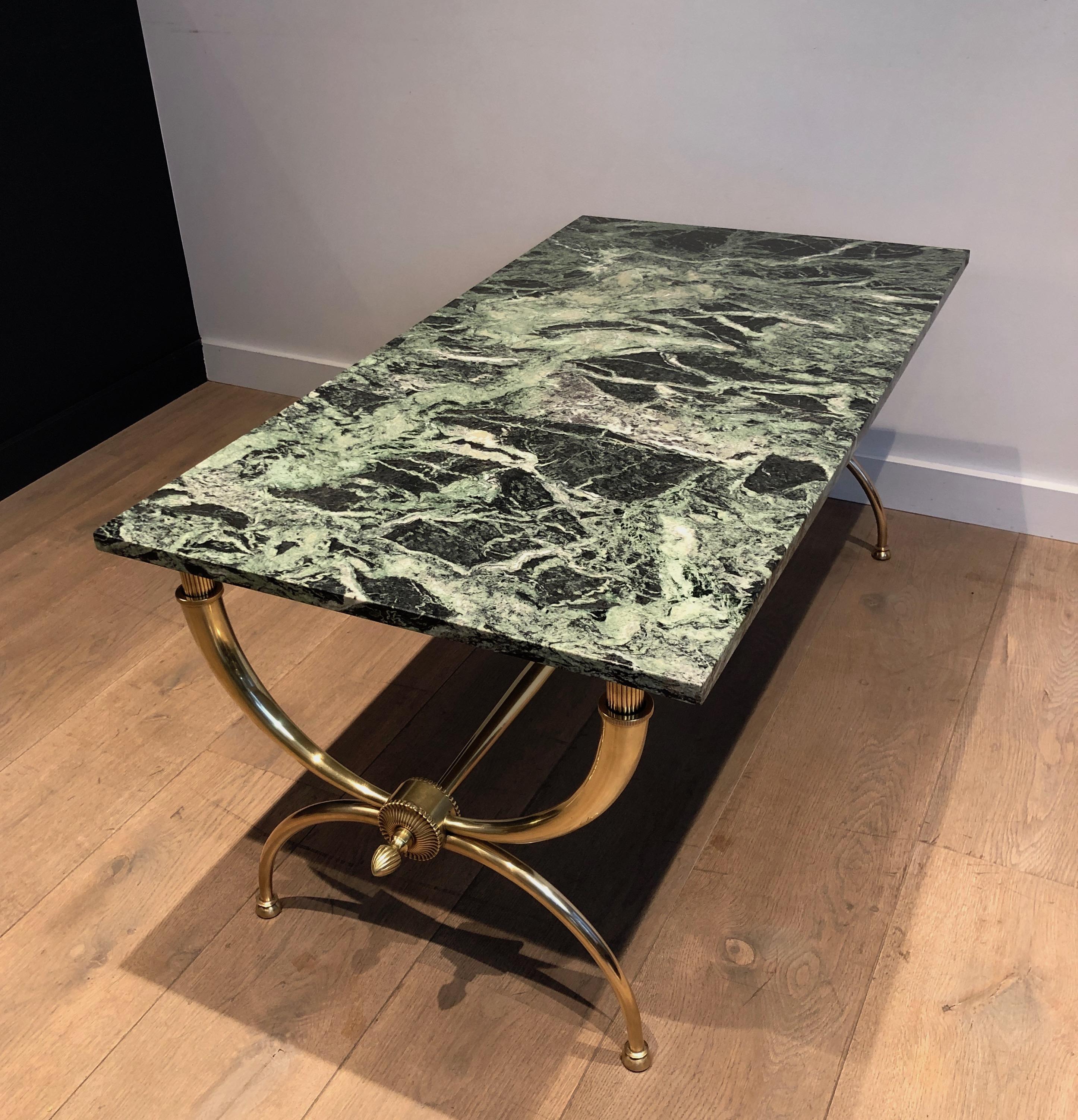 Raymond Subes Brass Coffee Table with Green Marble Top, French by Raymond Subes 7