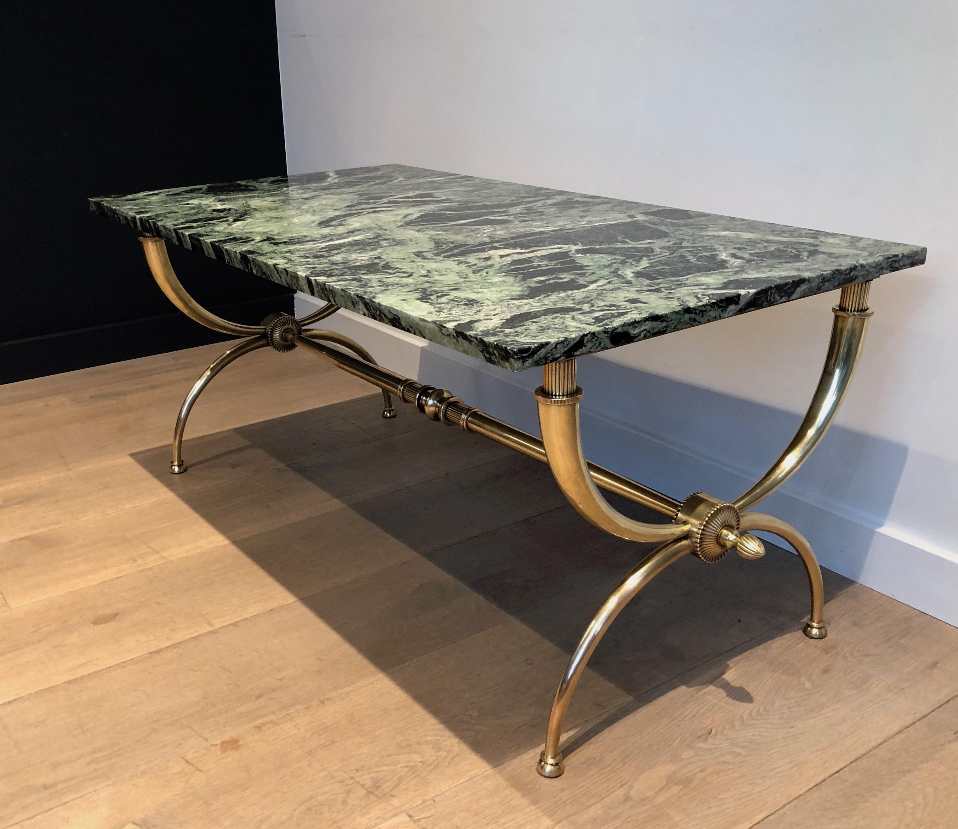 Raymond Subes Brass Coffee Table with Green Marble Top, French by Raymond Subes 15