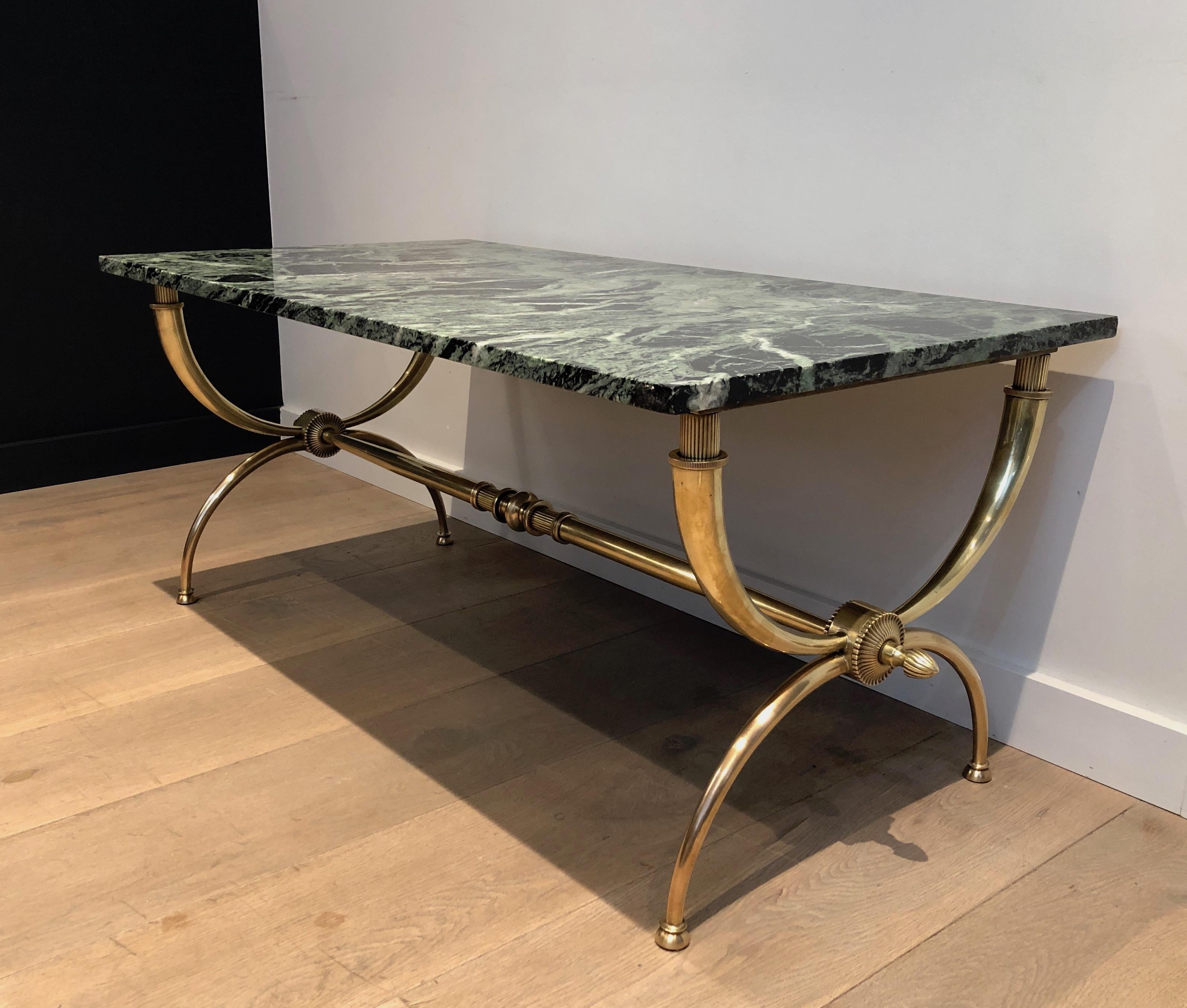 Neoclassical Raymond Subes Brass Coffee Table with Green Marble Top, French by Raymond Subes