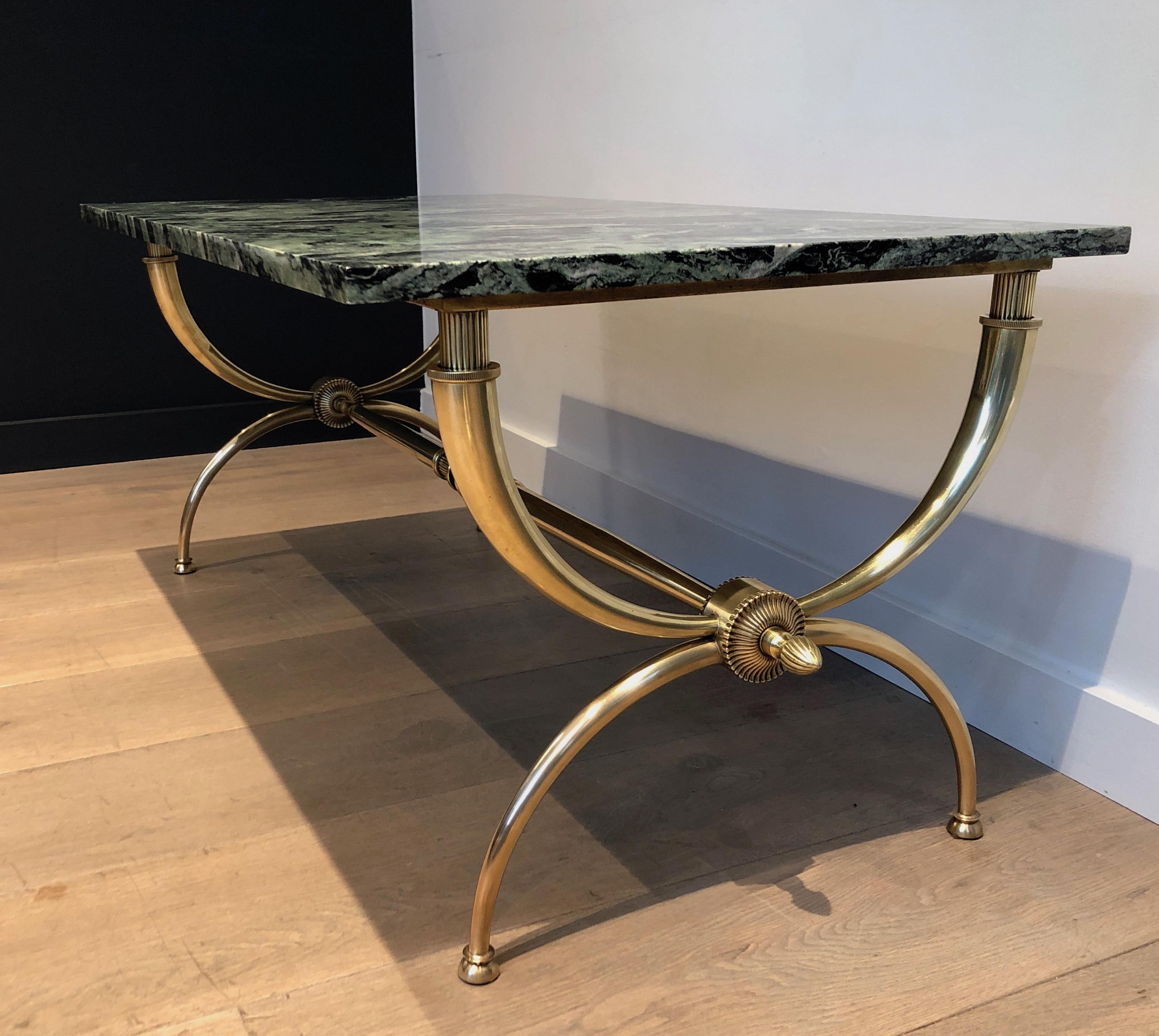 Mid-20th Century Raymond Subes Brass Coffee Table with Green Marble Top, French by Raymond Subes