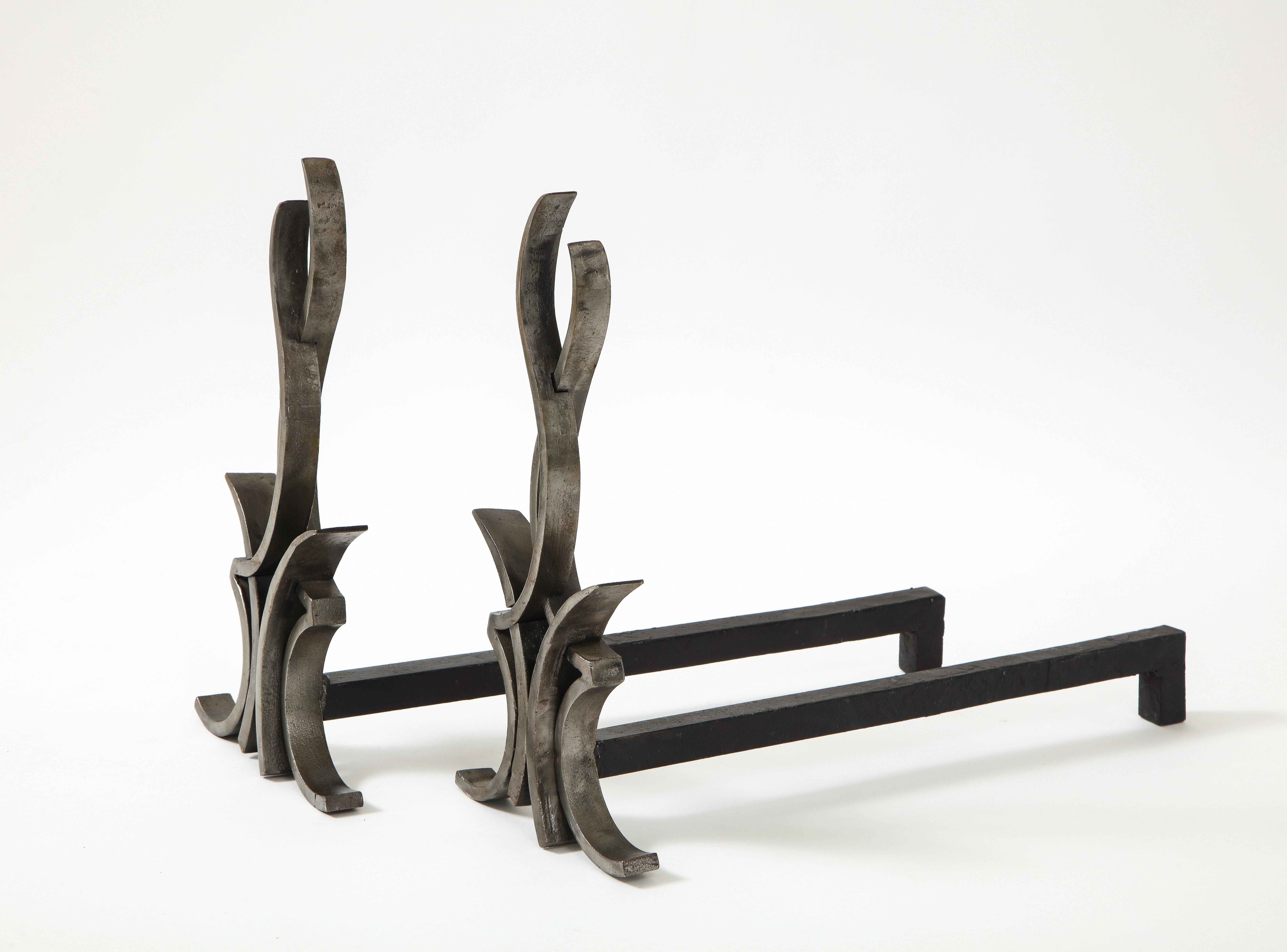 Hand-Crafted Raymond Subes Forged Steel Andirons For Sale