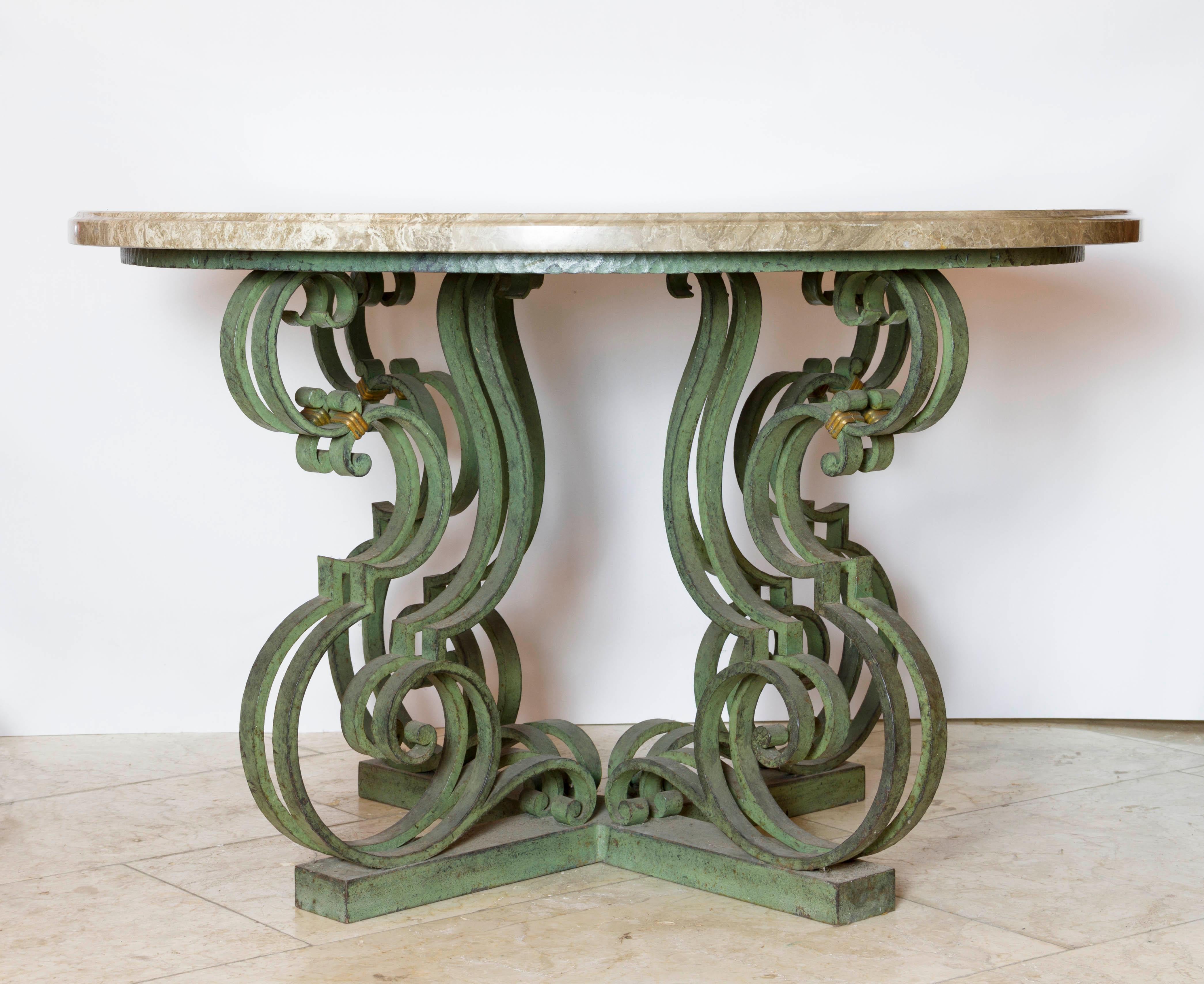 French Art Deco Wrought Iron Marble-Top Table 1930s/1940s 
attributed to Raymond Subes

Original green painted with gilding, polished travertine marble top